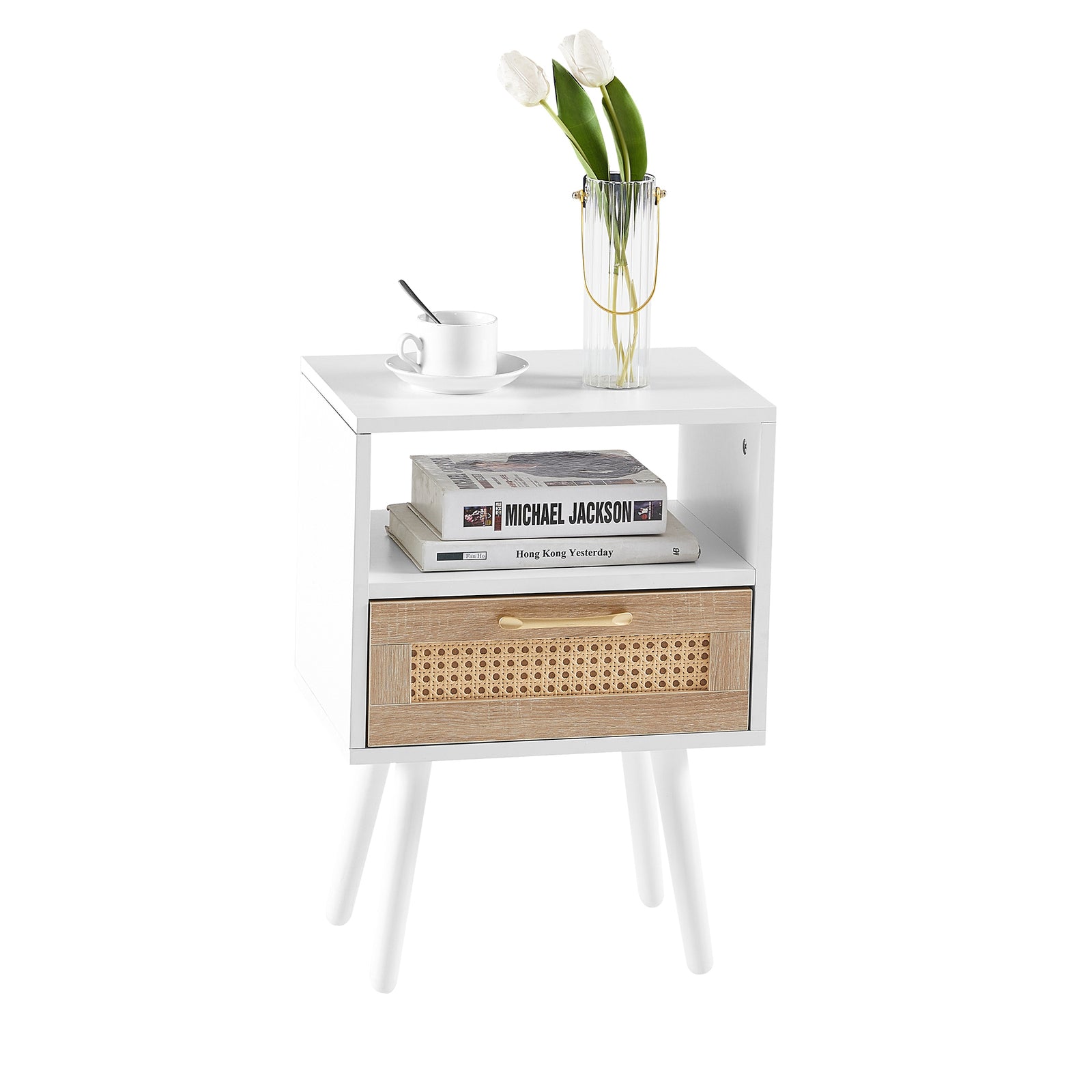Nøordka Light Nightstand Default 16" White Rattan End Table with Drawer & Solid Wood Legs