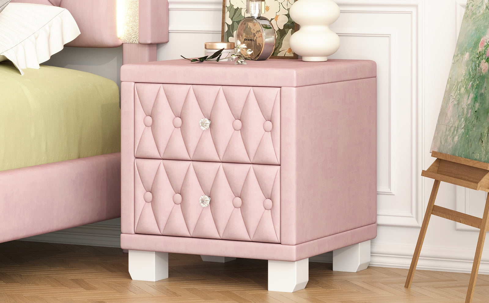 Nøordka Light Nightstand Default 18" Plush Velvet Pink Nightstand with 2 Drawers & Crystal Handling