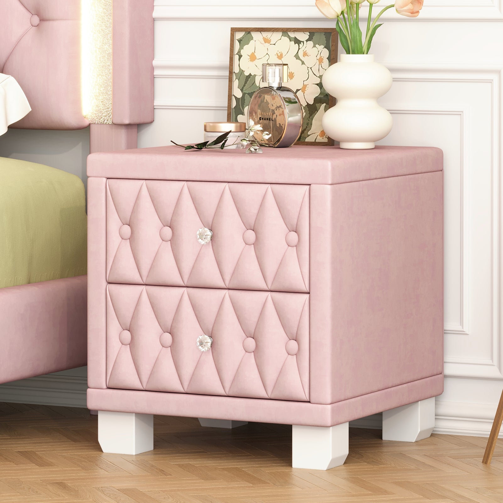Nøordka Light Nightstand Default 18" Plush Velvet Pink Nightstand with 2 Drawers & Crystal Handling