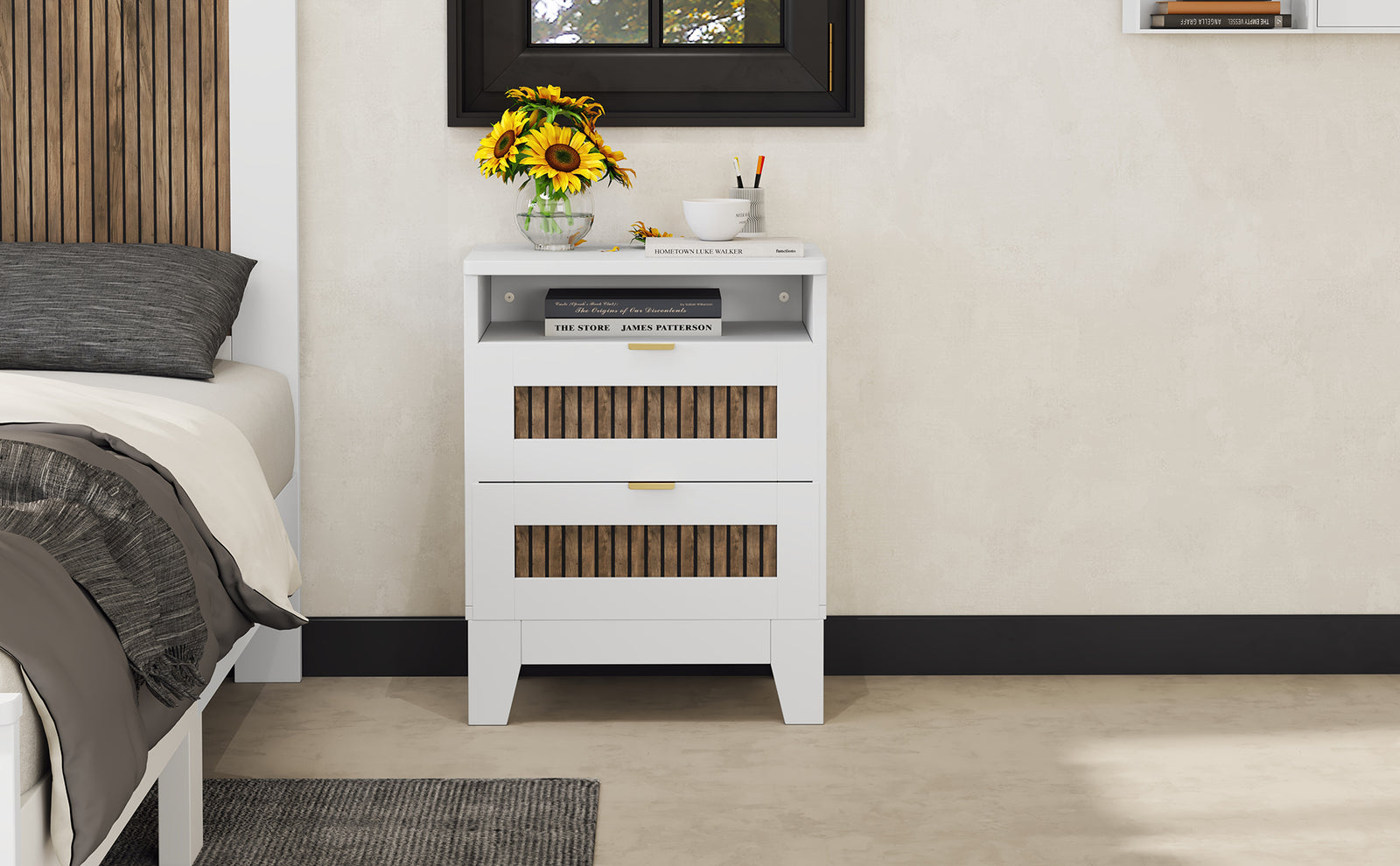 Nøordka Light Nightstand Default 20" White 2-Drawer Farmhouse Wooden Nightstand with Metal Handling