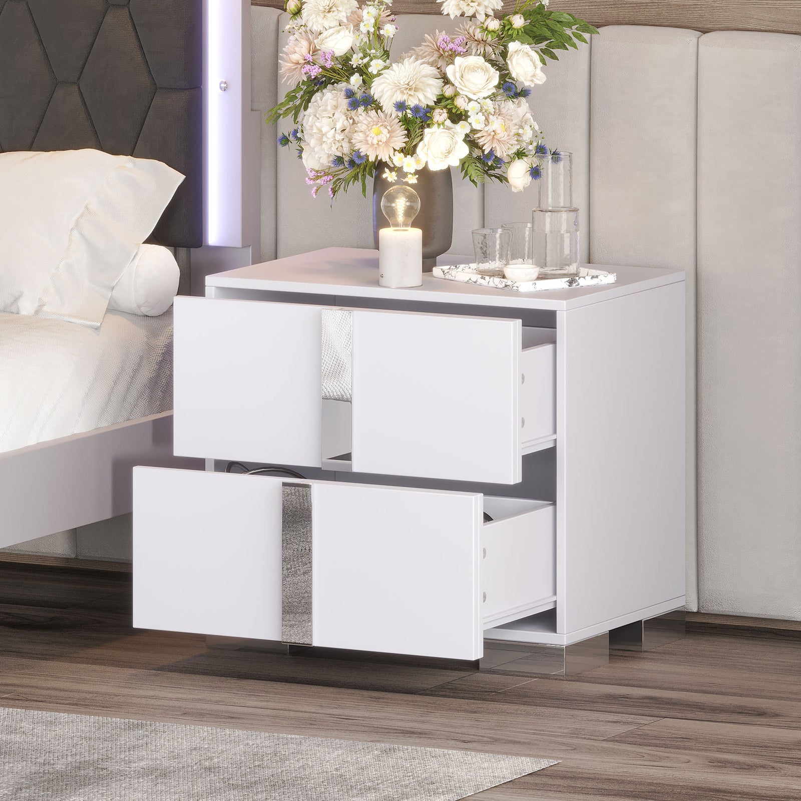 Nøordka Light Nightstand Default 23" White Nightstand with Metal Handling & 2 Drawers