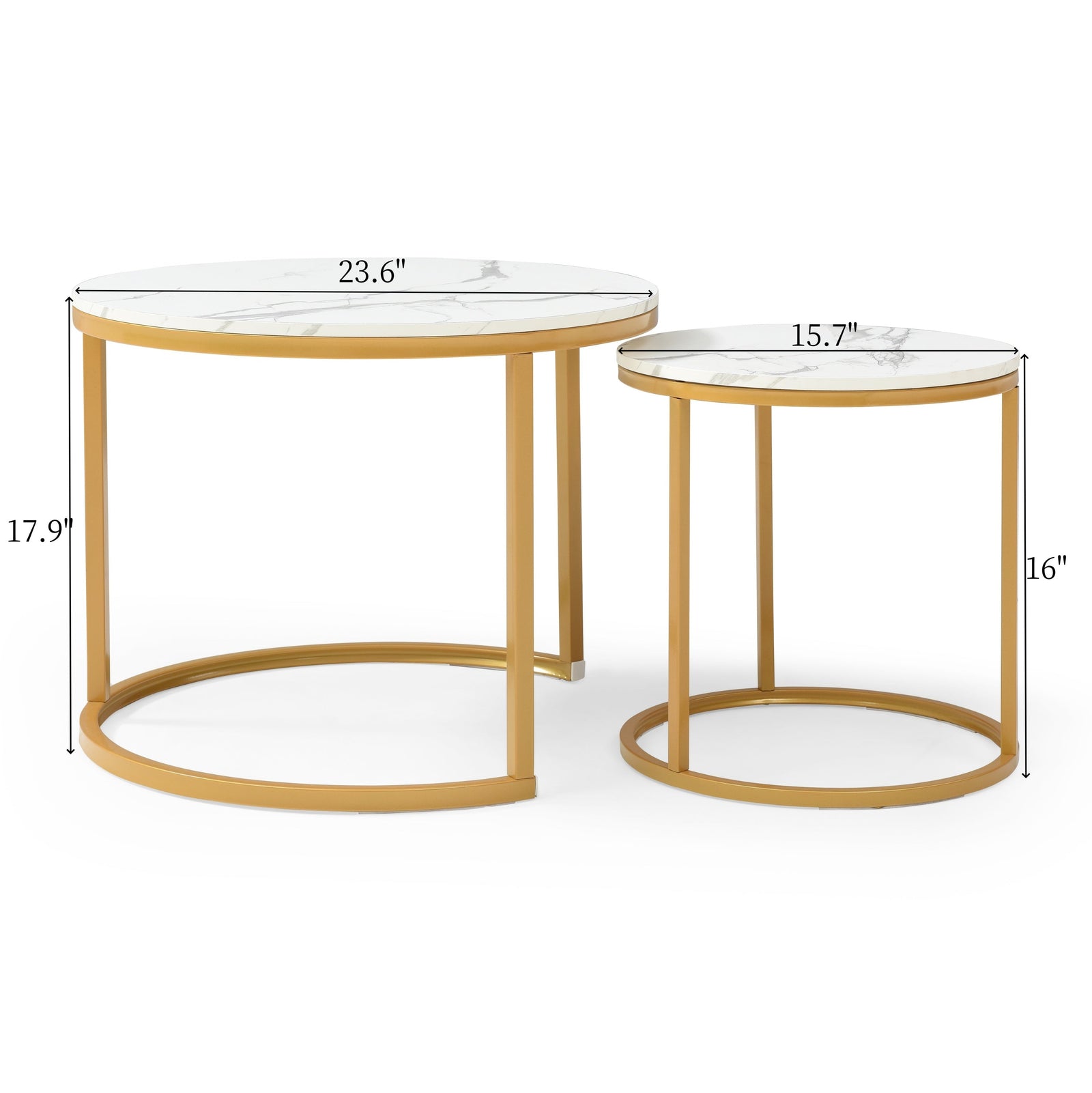 Nøordka Light Nightstand Default Set 2 Nesting Coffee Table in White & Gray with Round Golden Frame