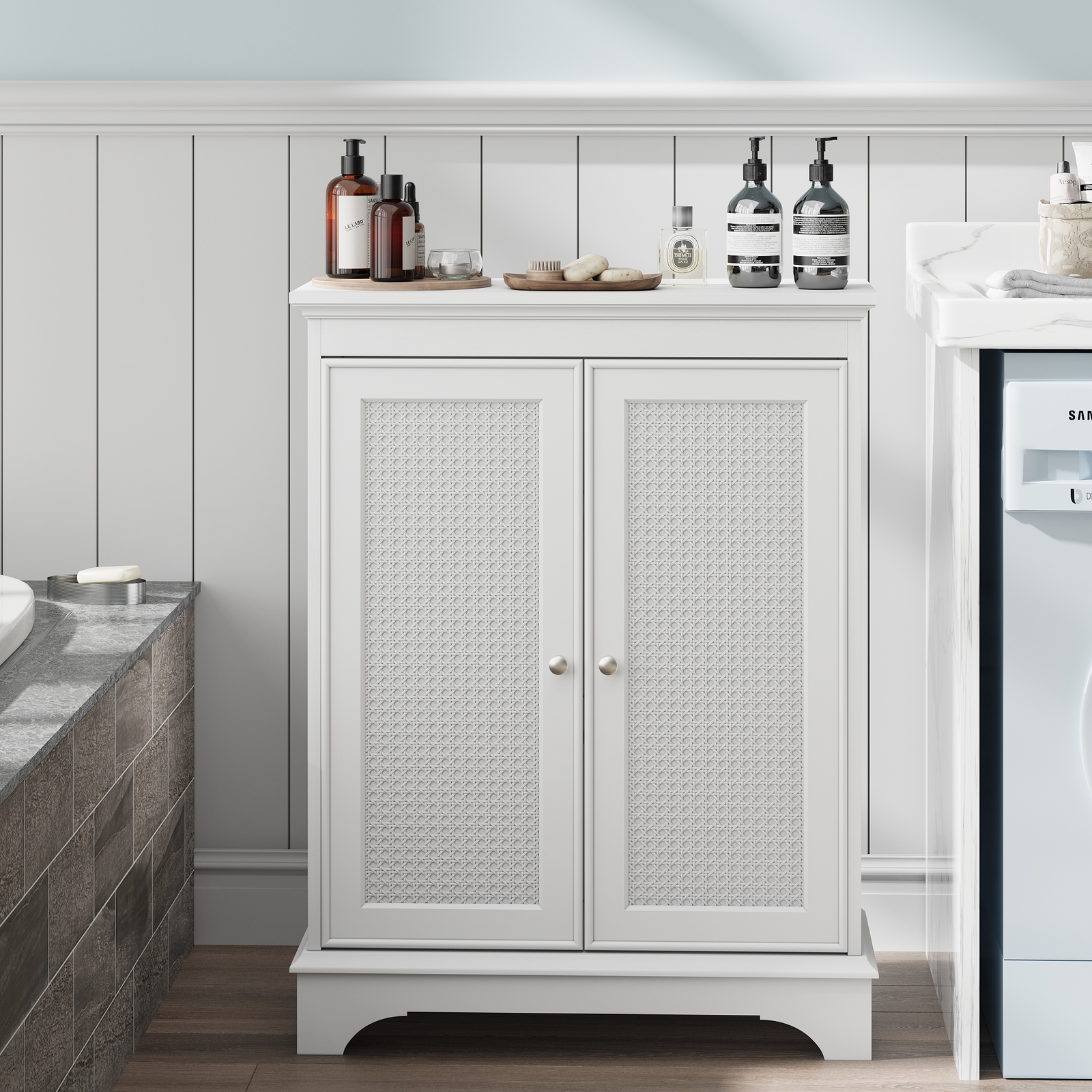 Nøordka Light Sideboard Default 27" White Rattan Storage Cabinet With Adjustable Shelving