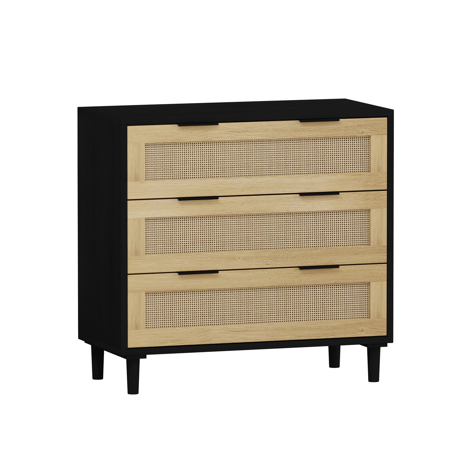 Nøordka Light Sideboard Default 32" Mid Century Modern 3 Drawer Rattan Cabinet with Black Accents