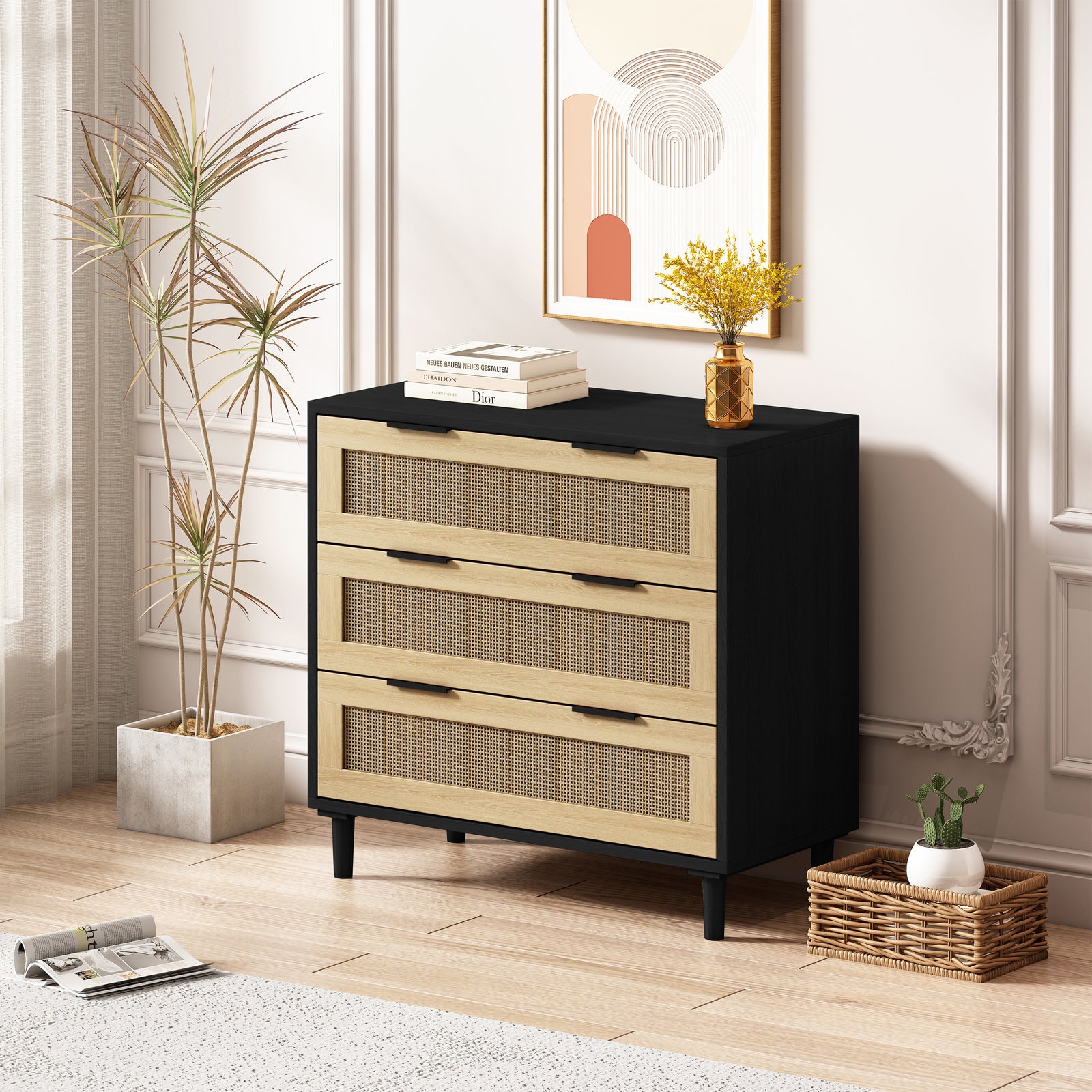 Nøordka Light Sideboard Default 32" Mid Century Modern 3 Drawer Rattan Cabinet with Black Accents