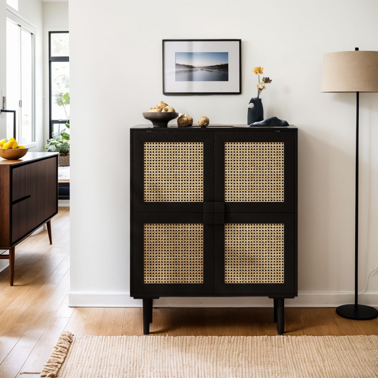 Nøordka Light Sideboard Default 32" Rattan Mesh Four Door Storage Cabinet with Dark Accents