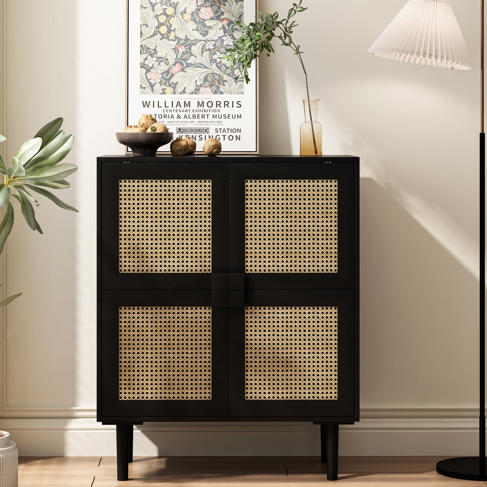 Nøordka Light Sideboard Default 32" Rattan Mesh Four Door Storage Cabinet with Dark Accents
