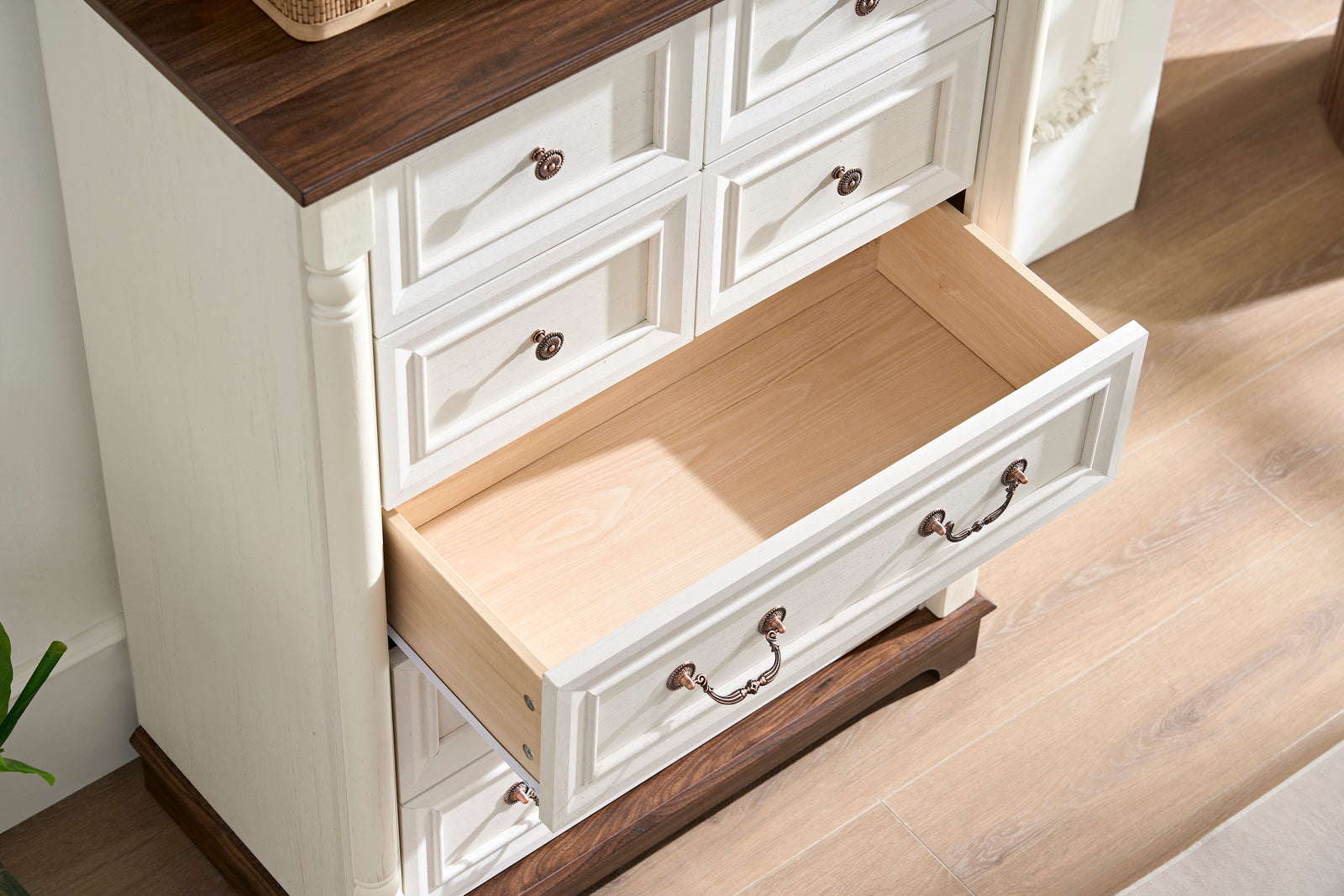 Nøordka Light Sideboard Default 32" White Rustic 7 Drawer Wooden Dresser Chest in Walnut Finish