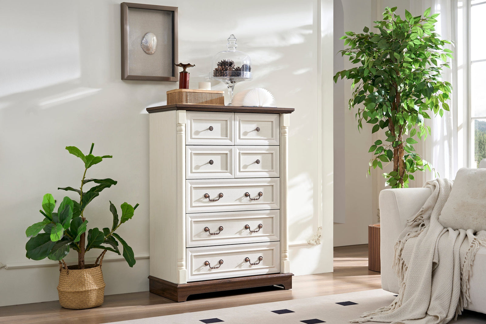 Nøordka Light Sideboard Default 32" White Rustic 7 Drawer Wooden Dresser Chest in Walnut Finish