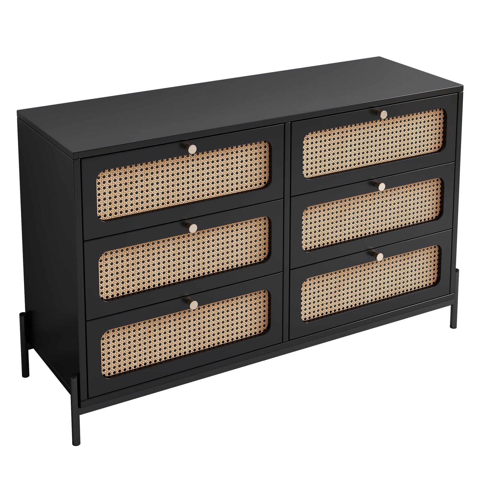 Nøordka Light Sideboard Default 50" Modern Rattan Wood 6-Drawer Dresser in Black