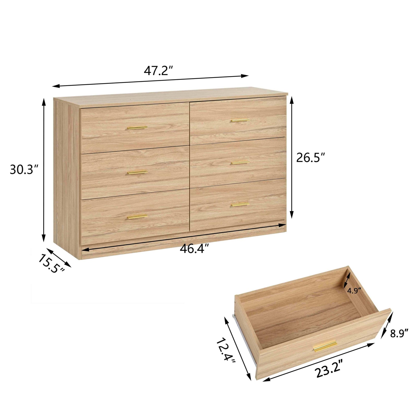 Nøordka Light Sideboard Default 50" Natural Mid Century Modern 6-Drawer Dresser