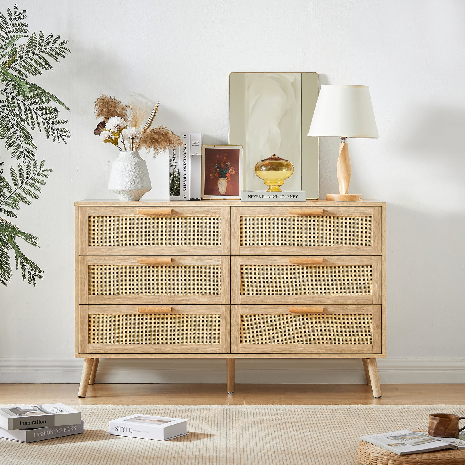 Nøordka Light Sideboard Default 50" Natural Wood Double Dresser with Rattan Drawers