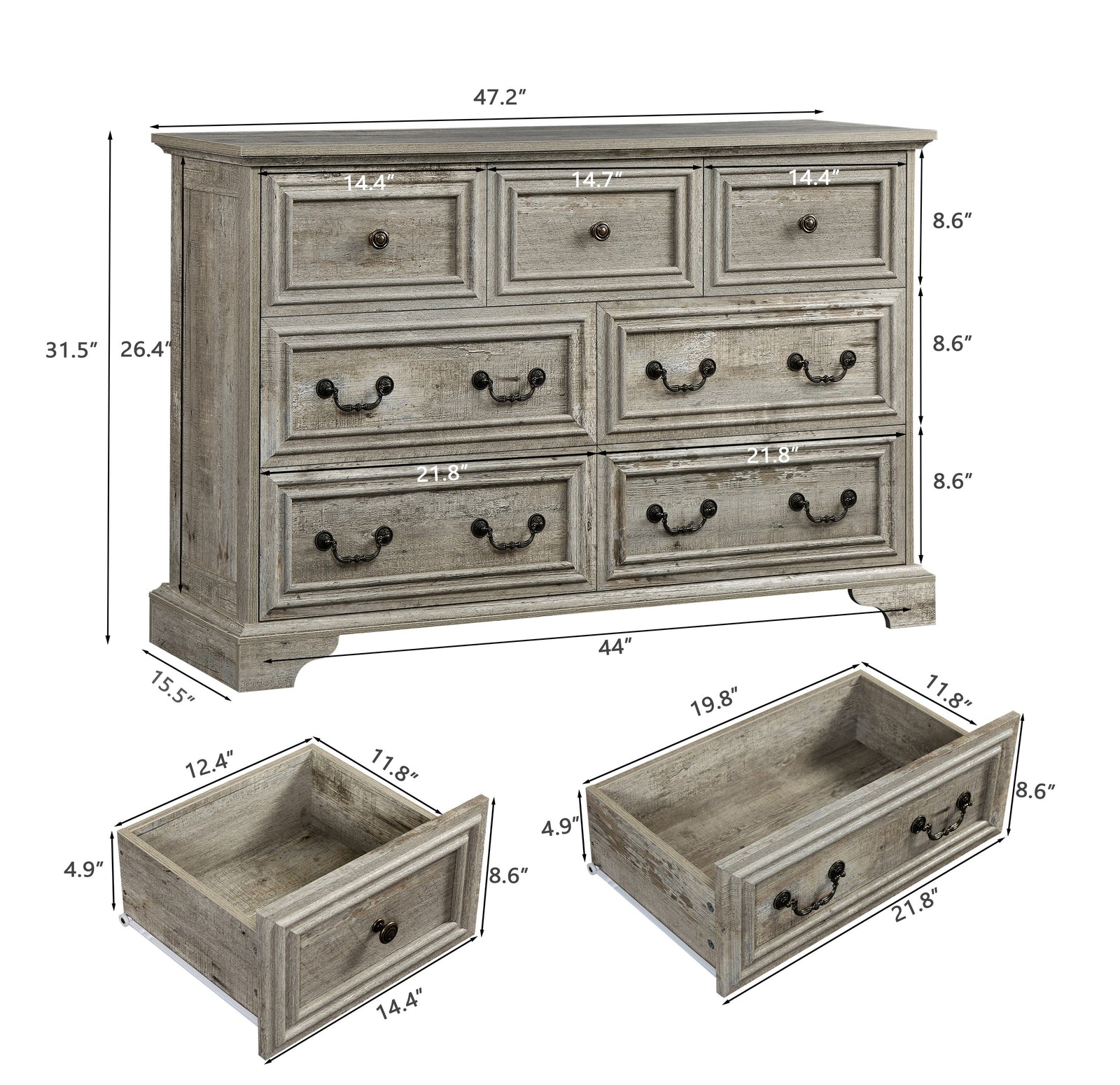 Nøordka Light Sideboard Default 50" Rustic Gray Finish Antique Style 7 Drawer Dresser