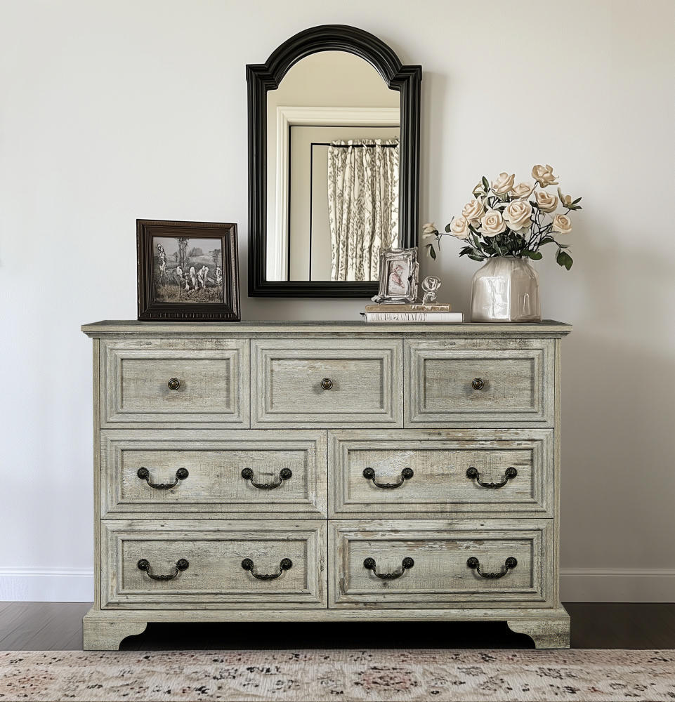 Nøordka Light Sideboard Default 50" Rustic Gray Finish Antique Style 7 Drawer Dresser