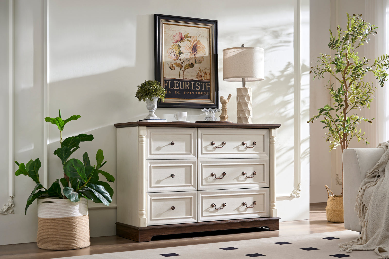 Nøordka Light Sideboard Default 50" Rustic Wooden 6 Drawer Dresser Chest in White & Walnut Finish