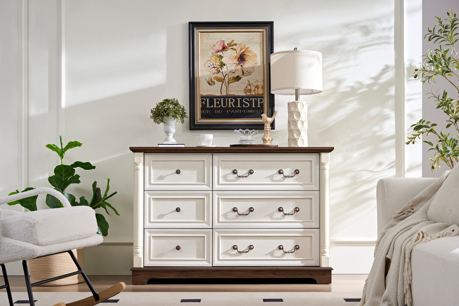 Nøordka Light Sideboard Default 50" Rustic Wooden 6 Drawer Dresser Chest in White & Walnut Finish