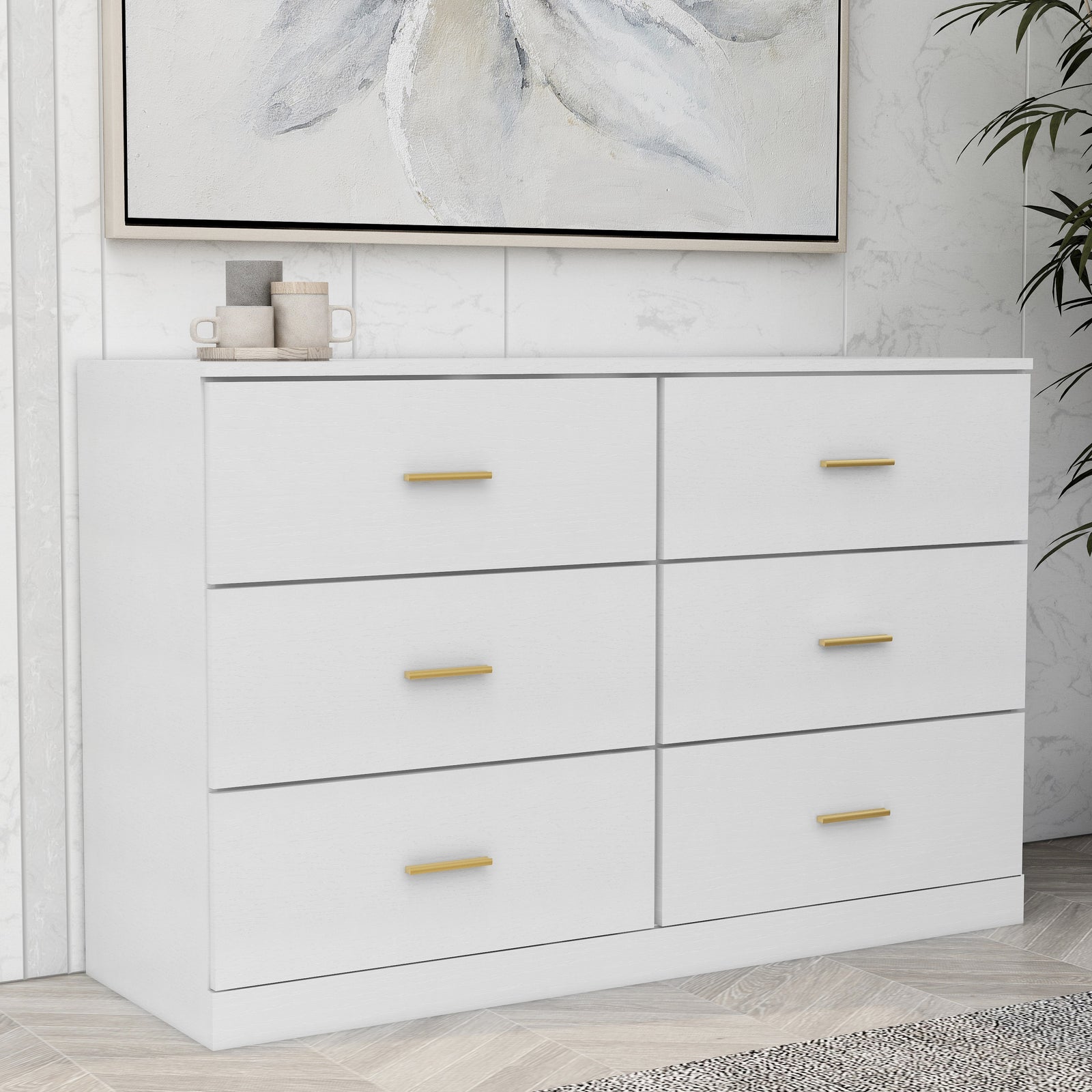 Nøordka Light Sideboard Default 50" White Mid Century Modern 6-Drawer Dresser