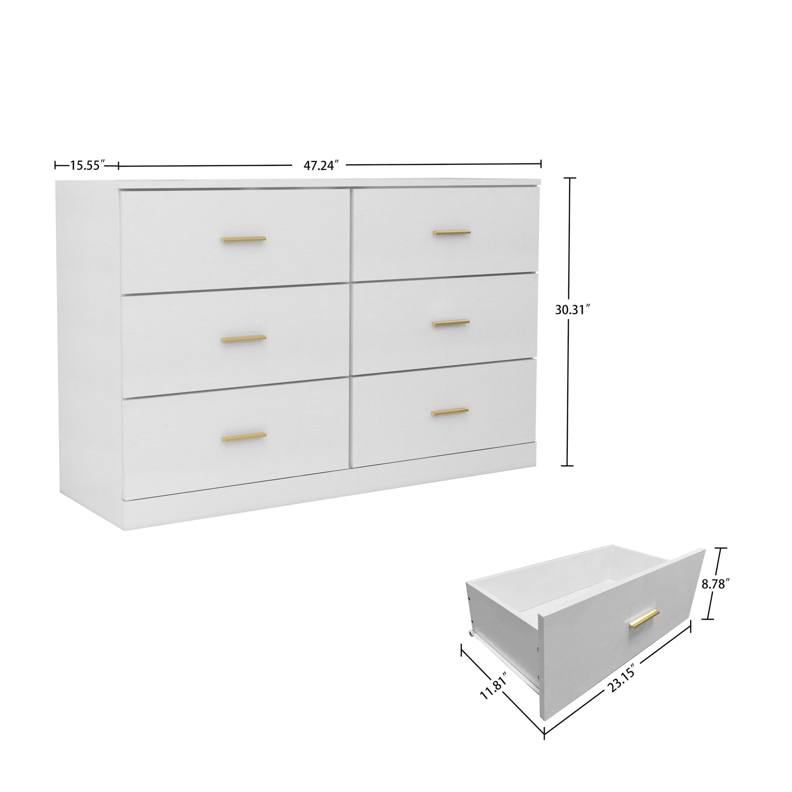 Nøordka Light Sideboard Default 50" White Mid Century Modern 6-Drawer Dresser