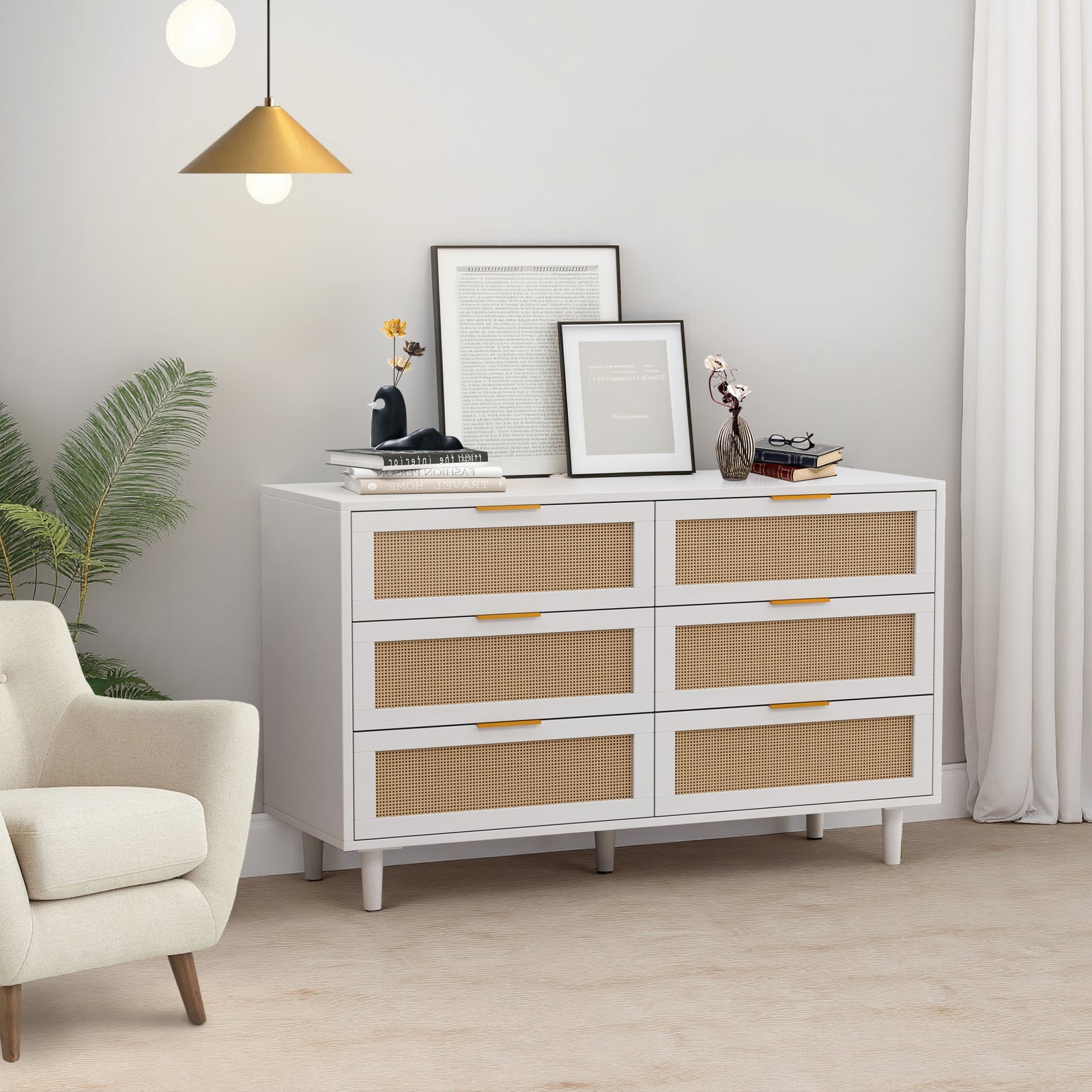 Nøordka Light Sideboard Default 52" Rattan 6 Drawer Cabinet with White Accents