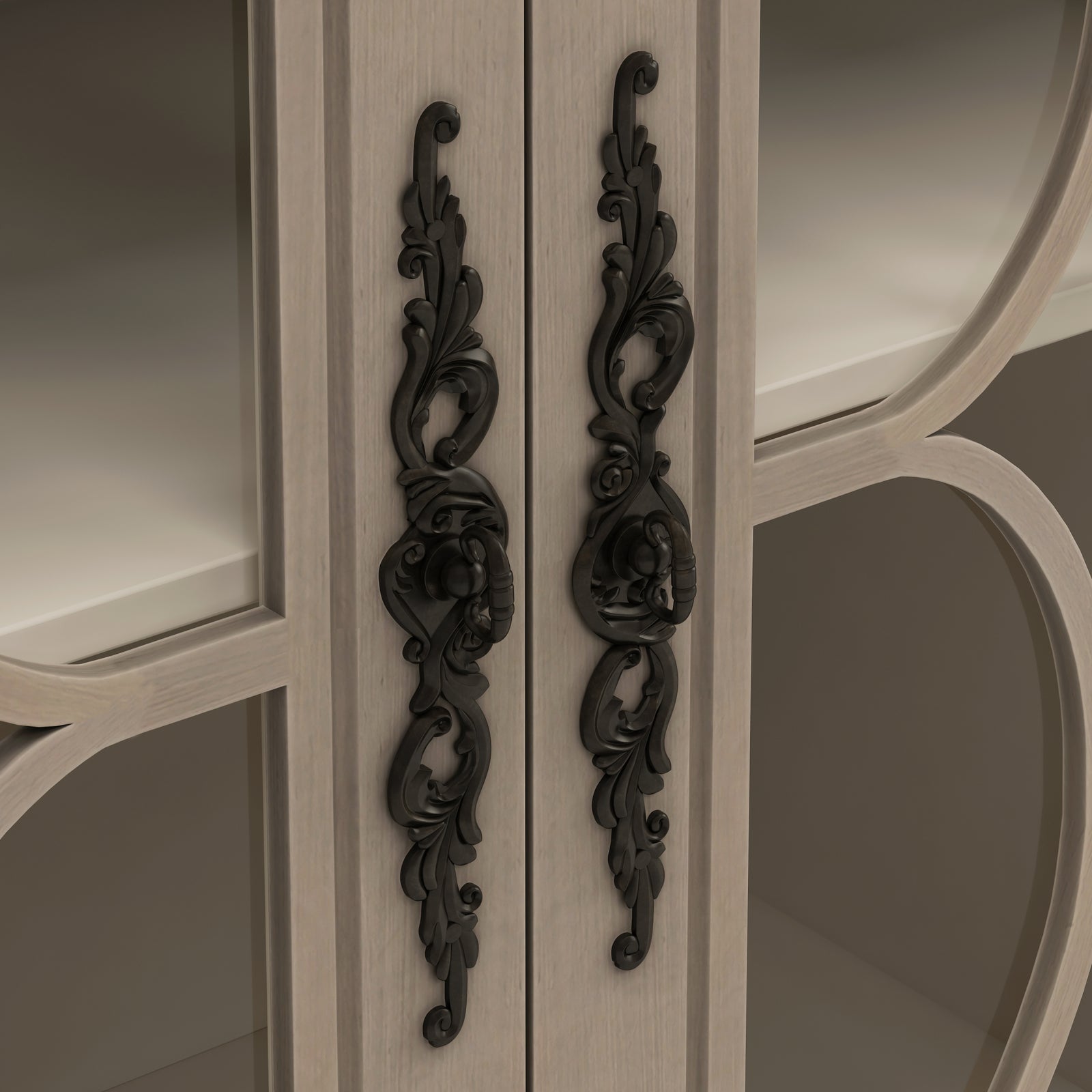 Nøordka Light Sideboard Default 60" Beige Finish Elegant Antique 4-Door Cabinet with Glass Doors