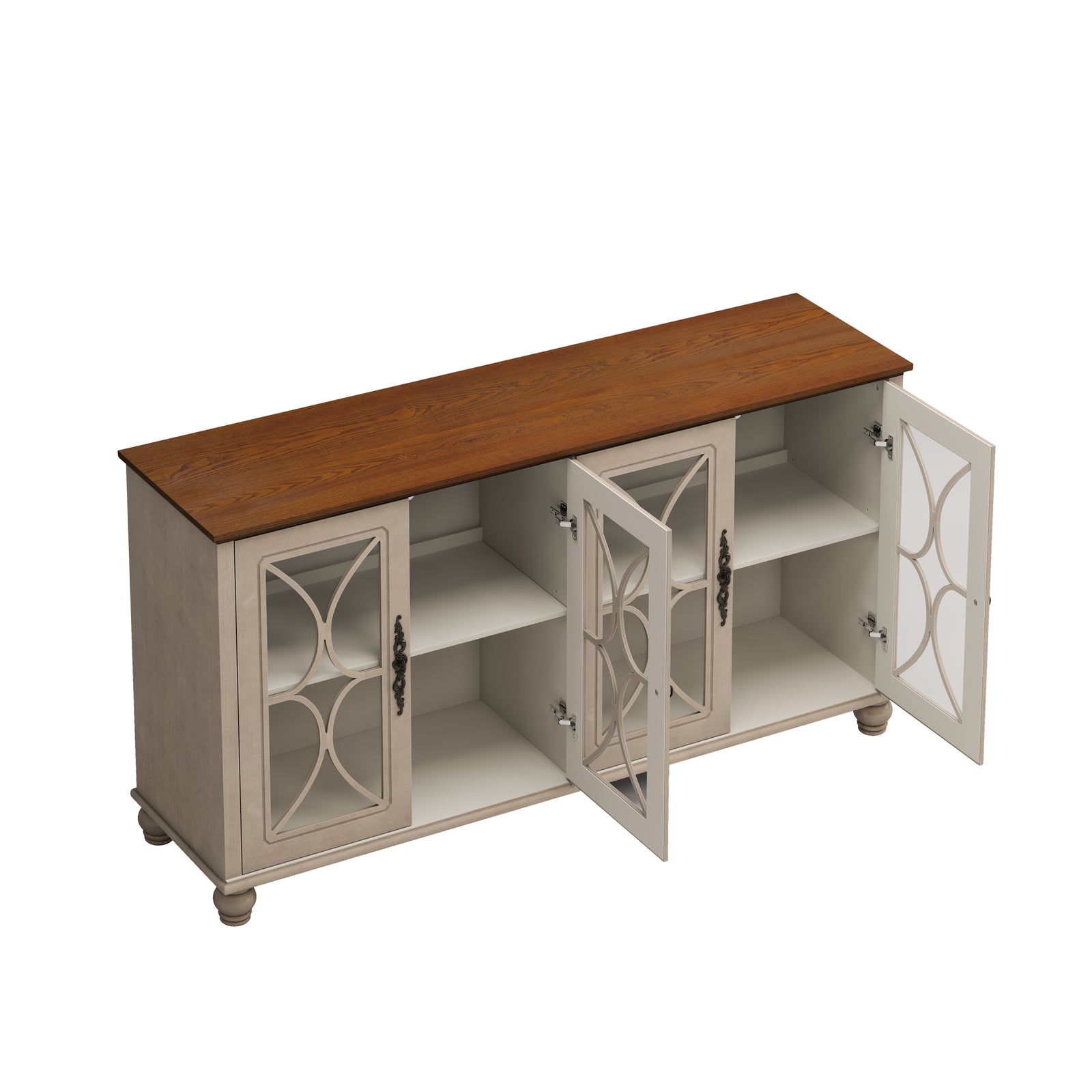 Nøordka Light Sideboard Default 60" Beige Finish Elegant Antique 4-Door Cabinet with Glass Doors