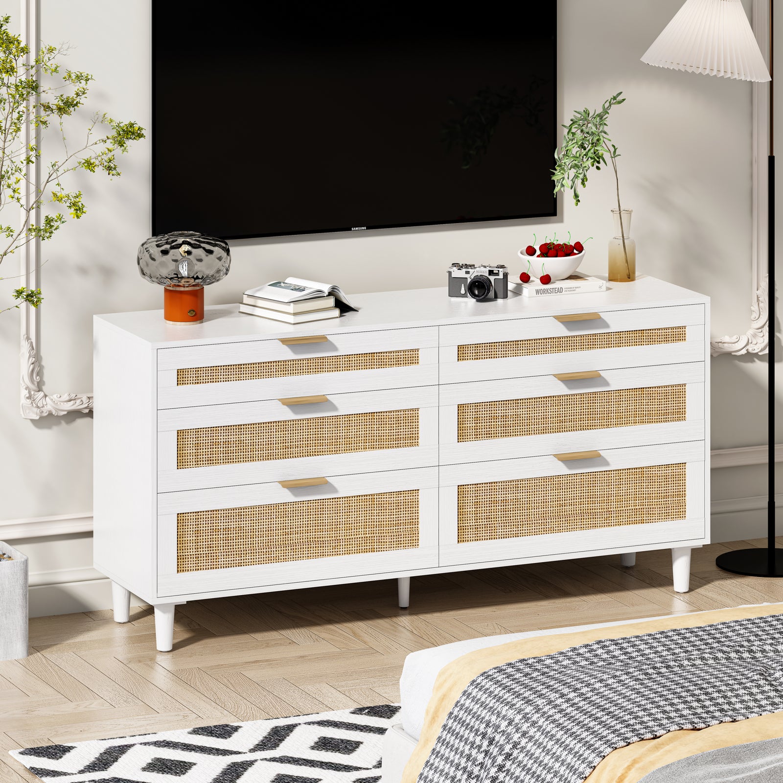 Nøordka Light Sideboard Default 60" Rattan Dresser With Six Drawers with White Accents