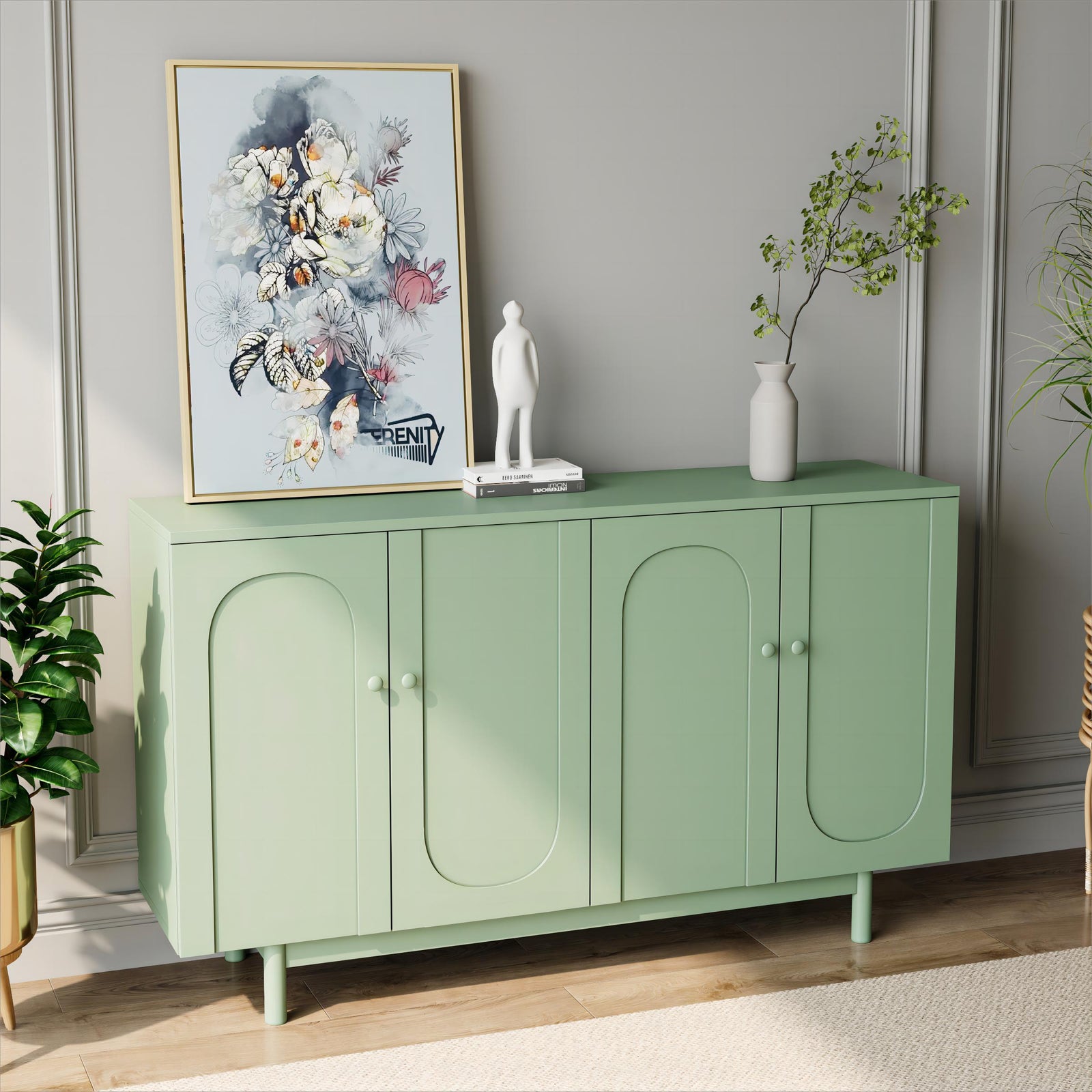 Nøordka Light Sideboard Default 60" Stylish Mint Green 4-Door Storage Cabinet with Wood Pulls