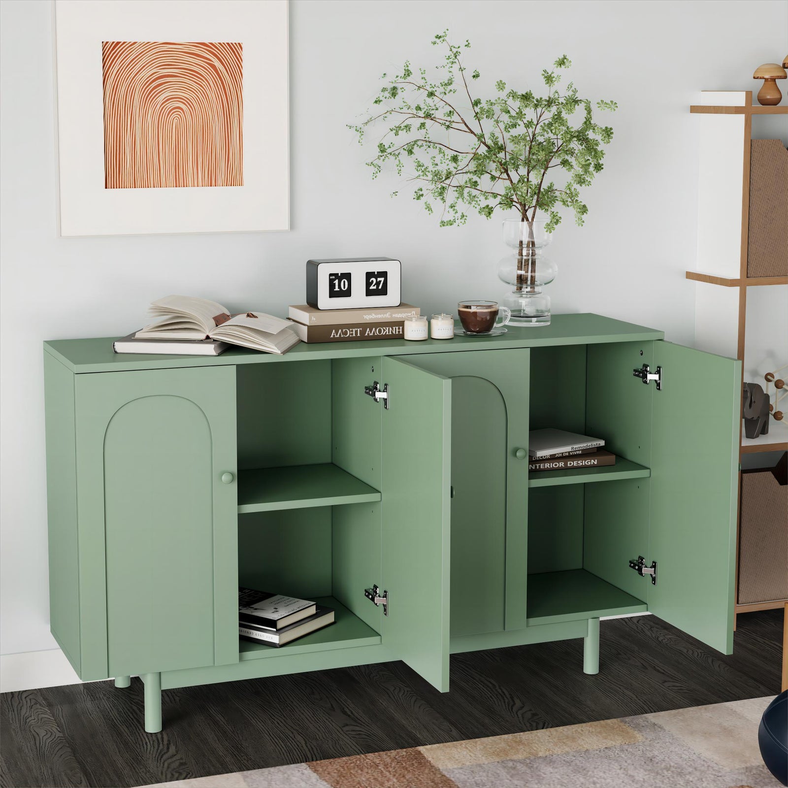 Nøordka Light Sideboard Default 60" Stylish Mint Green 4-Door Storage Cabinet with Wood Pulls