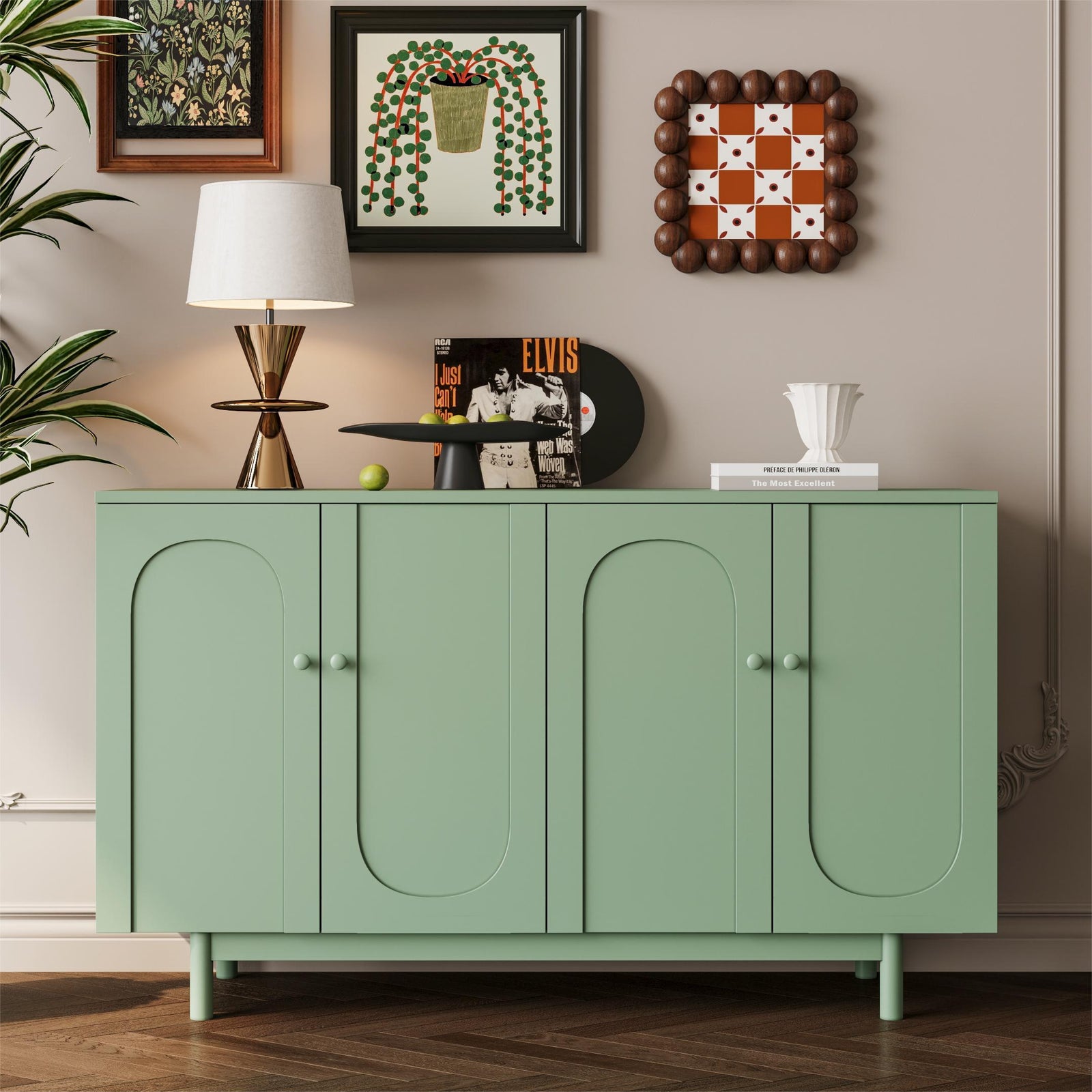 Nøordka Light Sideboard Default 60" Stylish Mint Green 4-Door Storage Cabinet with Wood Pulls