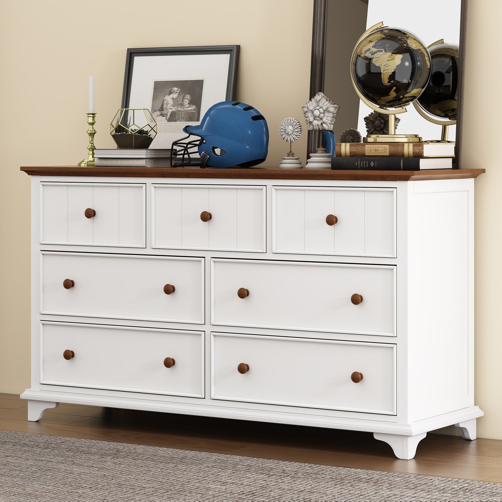 Nøordka Light Sideboard Default 61" White Classic Wooden Seven-Drawer Dresser