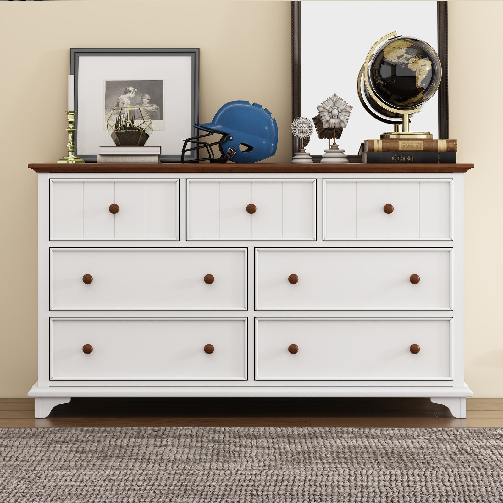 Nøordka Light Sideboard Default 61" White Classic Wooden Seven-Drawer Dresser