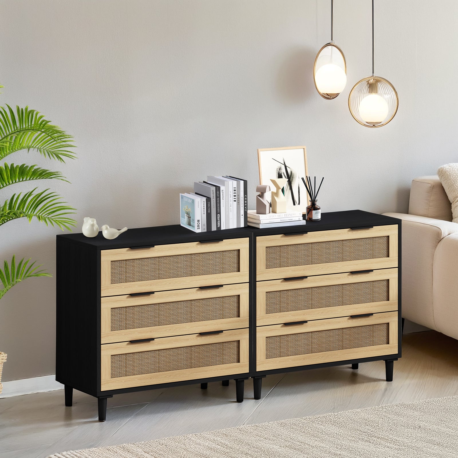Nøordka Light Sideboard Default 63" Mid Century Modern Rattan Storage Cabinet in Natural Tone With Black Accents
