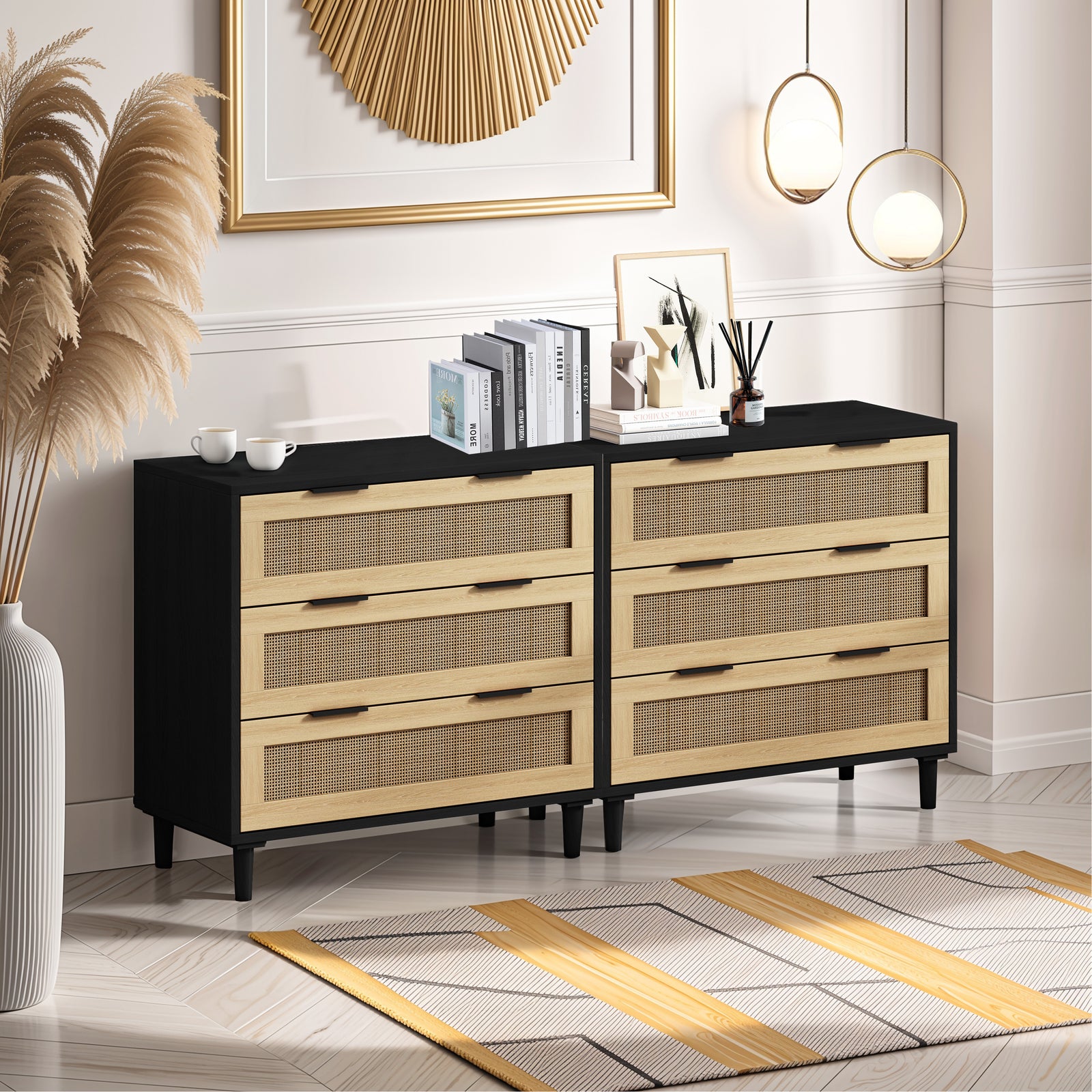 Nøordka Light Sideboard Default 63" Mid Century Modern Rattan Storage Cabinet in Natural Tone With Black Accents