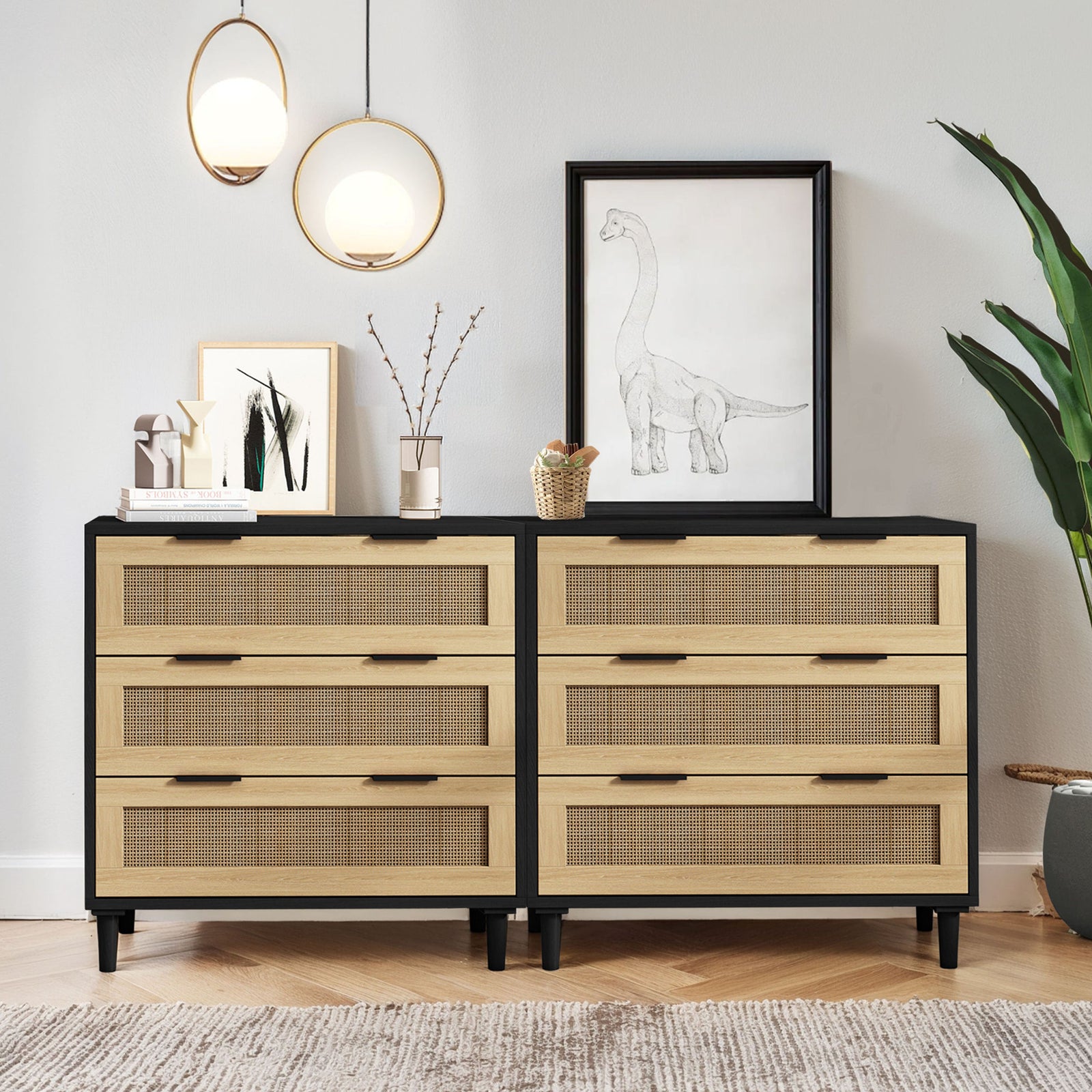 Nøordka Light Sideboard Default 63" Mid Century Modern Rattan Storage Cabinet in Natural Tone With Black Accents