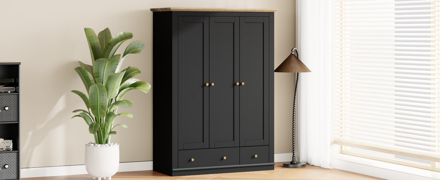 Nøordka Light Sideboard Default 70" Black Mid Century Modern Wood 3 Door Armoire Wardrobe Closet