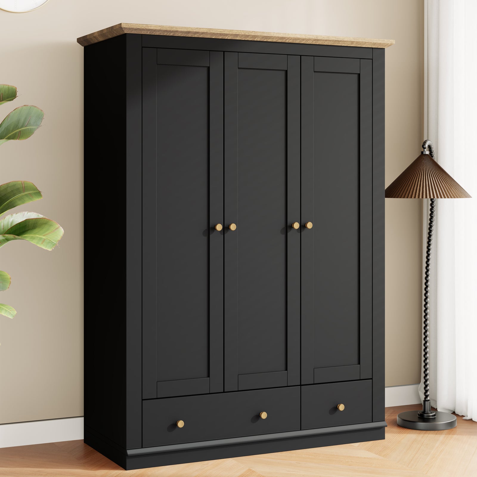 Nøordka Light Sideboard Default 70" Black Mid Century Modern Wood 3 Door Armoire Wardrobe Closet