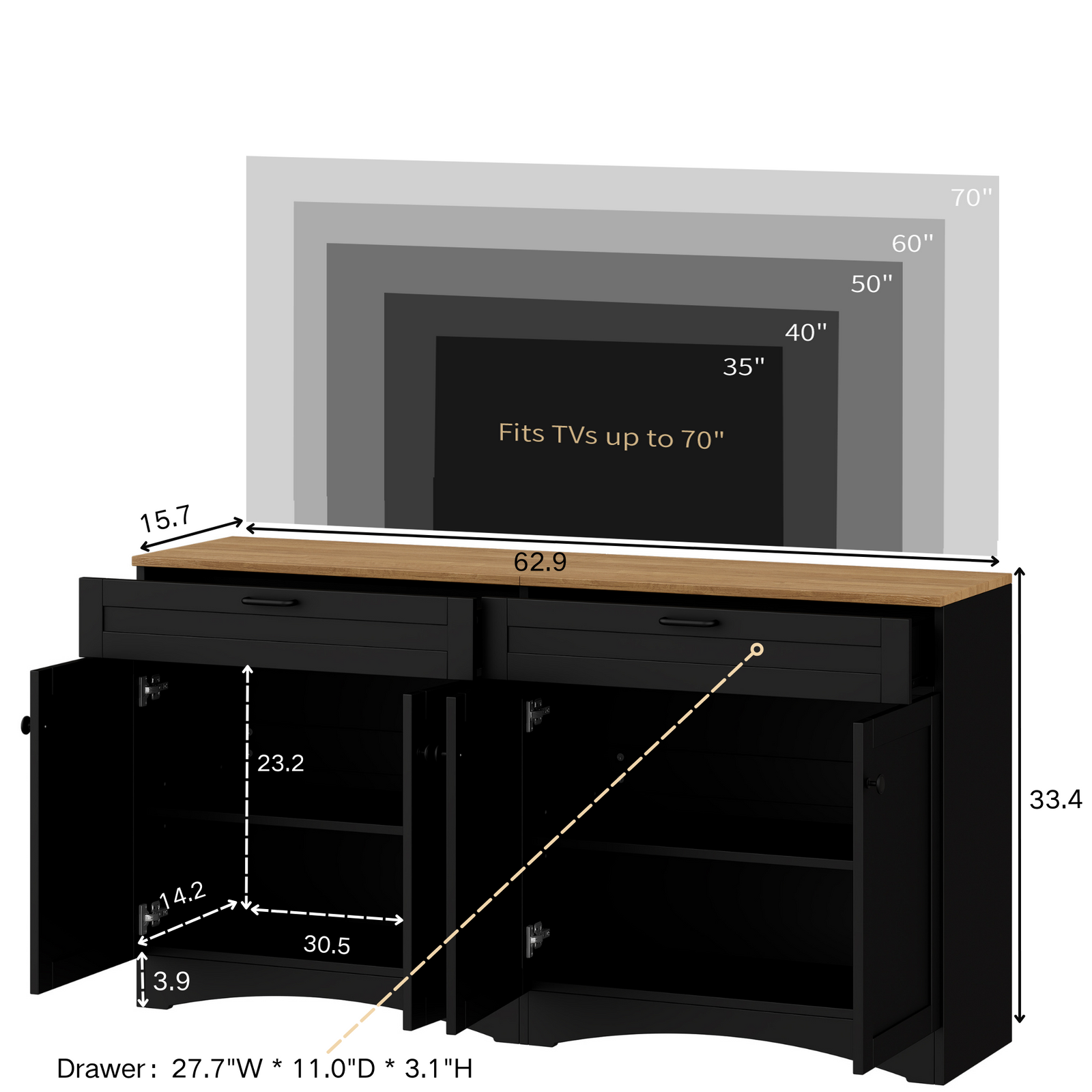 Nøordka Light TV Stand Default 3-Piece Black Farmhouse Style Entertainment Center for TVs Up to 70"