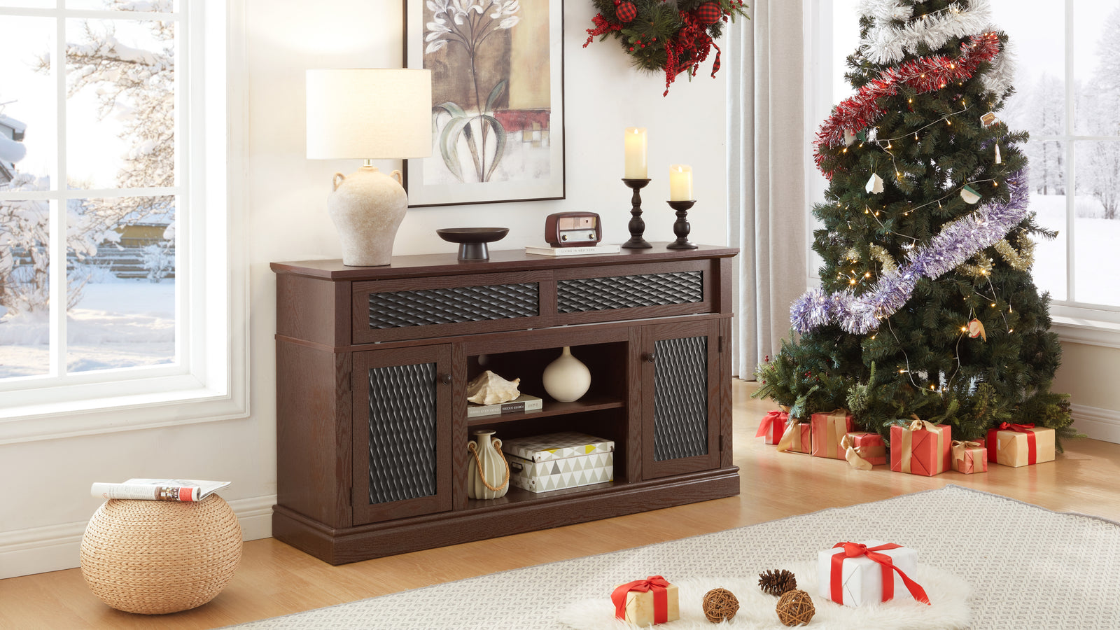 Nøordka Light TV Stand Default 60" Dark Cherry Embossed TV Stand With 23" Fireplace Insert fro TVs up to 65"