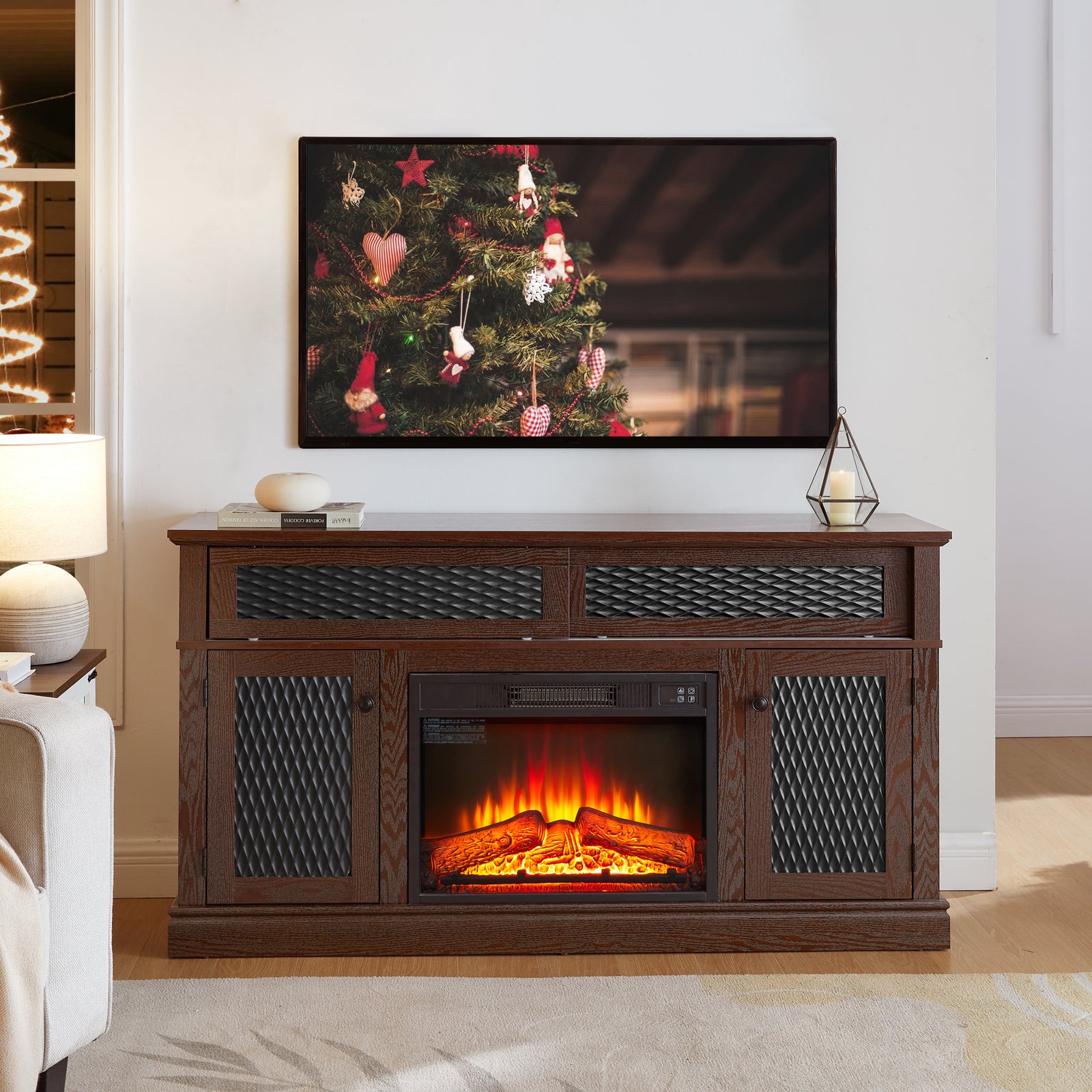 Nøordka Light TV Stand Default 60" Dark Cherry Embossed TV Stand With 23" Fireplace Insert fro TVs up to 65"