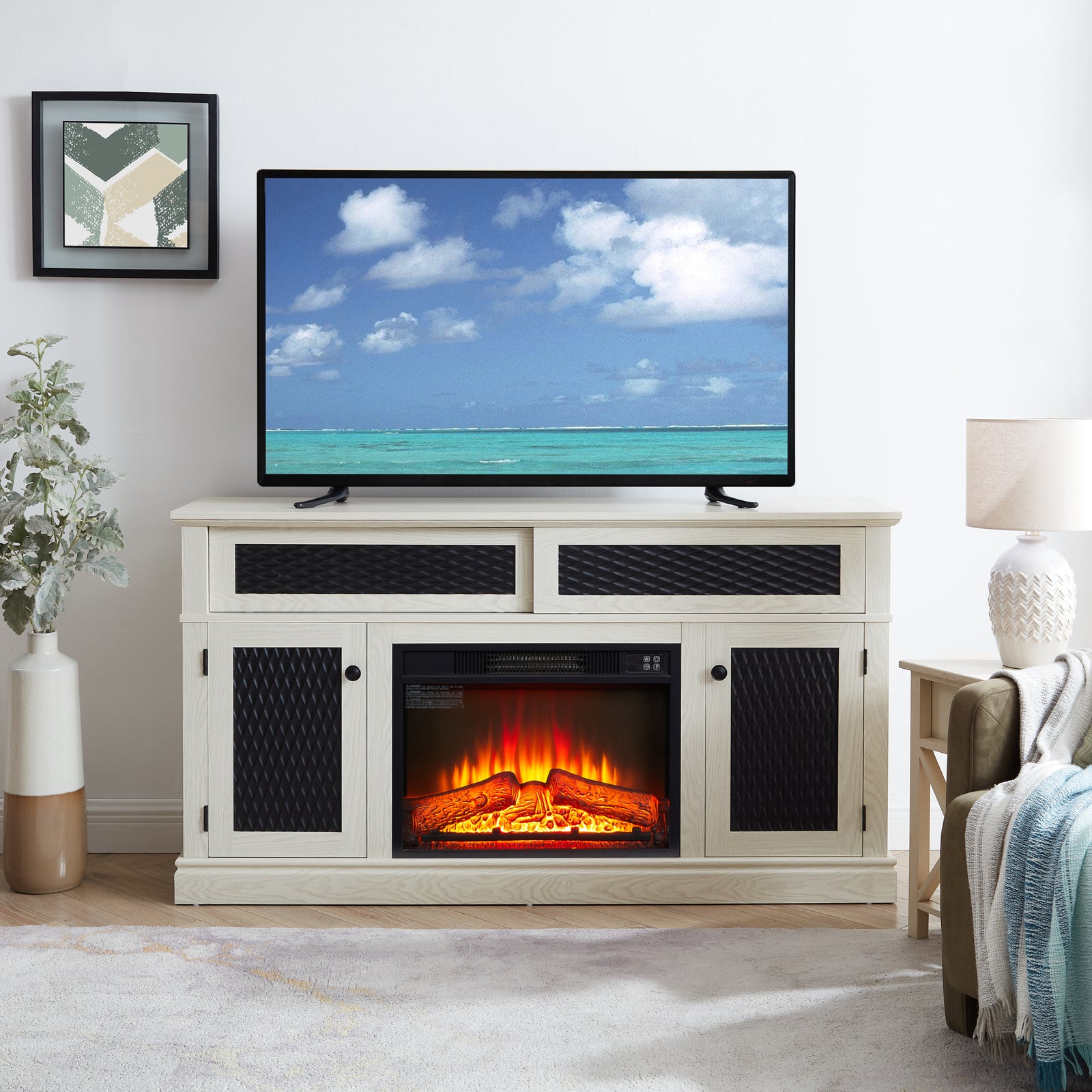 Nøordka Light TV Stand Default 60" White Embossed TV Stand with Fireplace Insert for TVs up to 65"