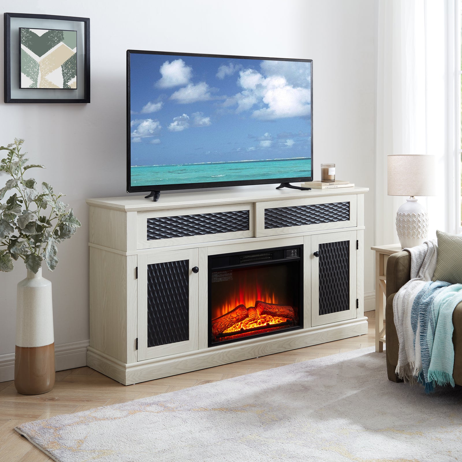 Nøordka Light TV Stand Default 60" White Embossed TV Stand with Fireplace Insert for TVs up to 65"