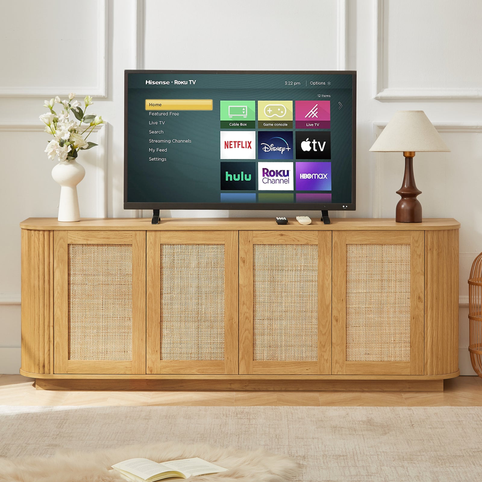 Nøordka Light TV Stand Default 64" Wave Shaped Wood TV Stand with Storage Cabinet & Rattan Doors