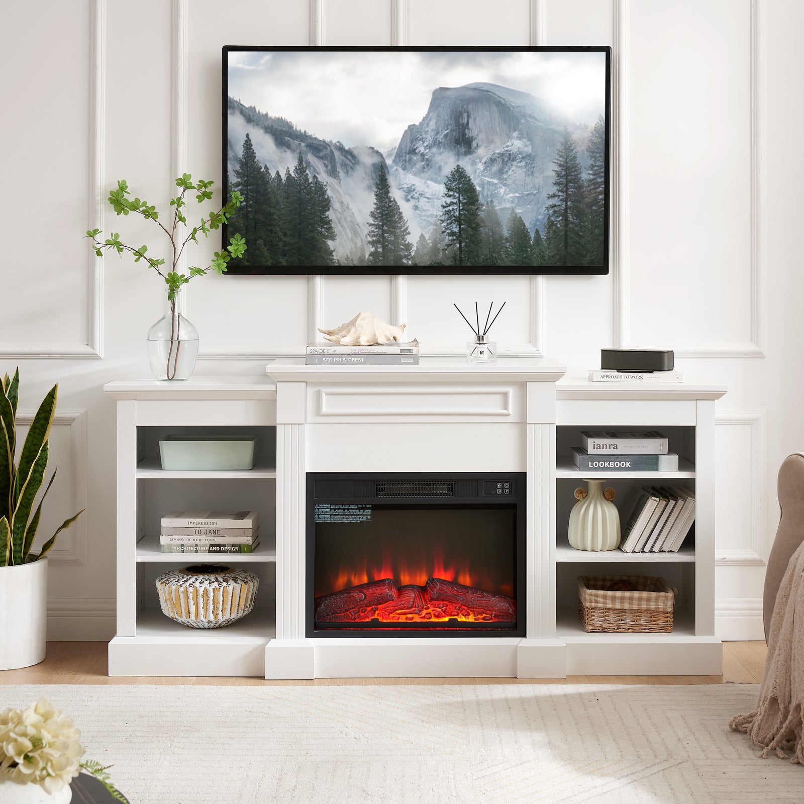 Nøordka Light TV Stand Default 65" White Media Console Table & 23 Inch Fireplace Insert for TV Up to 70 Inches