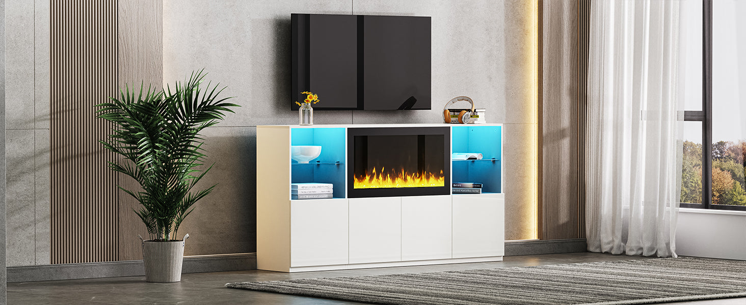 Nøordka Light TV Stand Default 70" White High Gloss TV Stand with 35" Electric Fireplace with LED Lighting