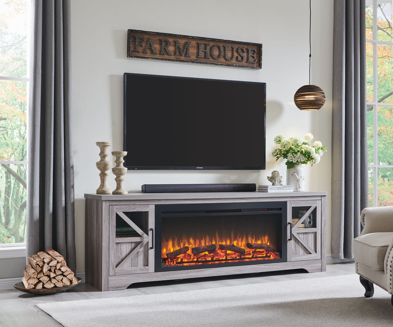 Nøordka Light TV Stand Default 75" Gray Fireplace TV Stand for TVs Up to 80" with 44" Intergrated Electric Fireplace