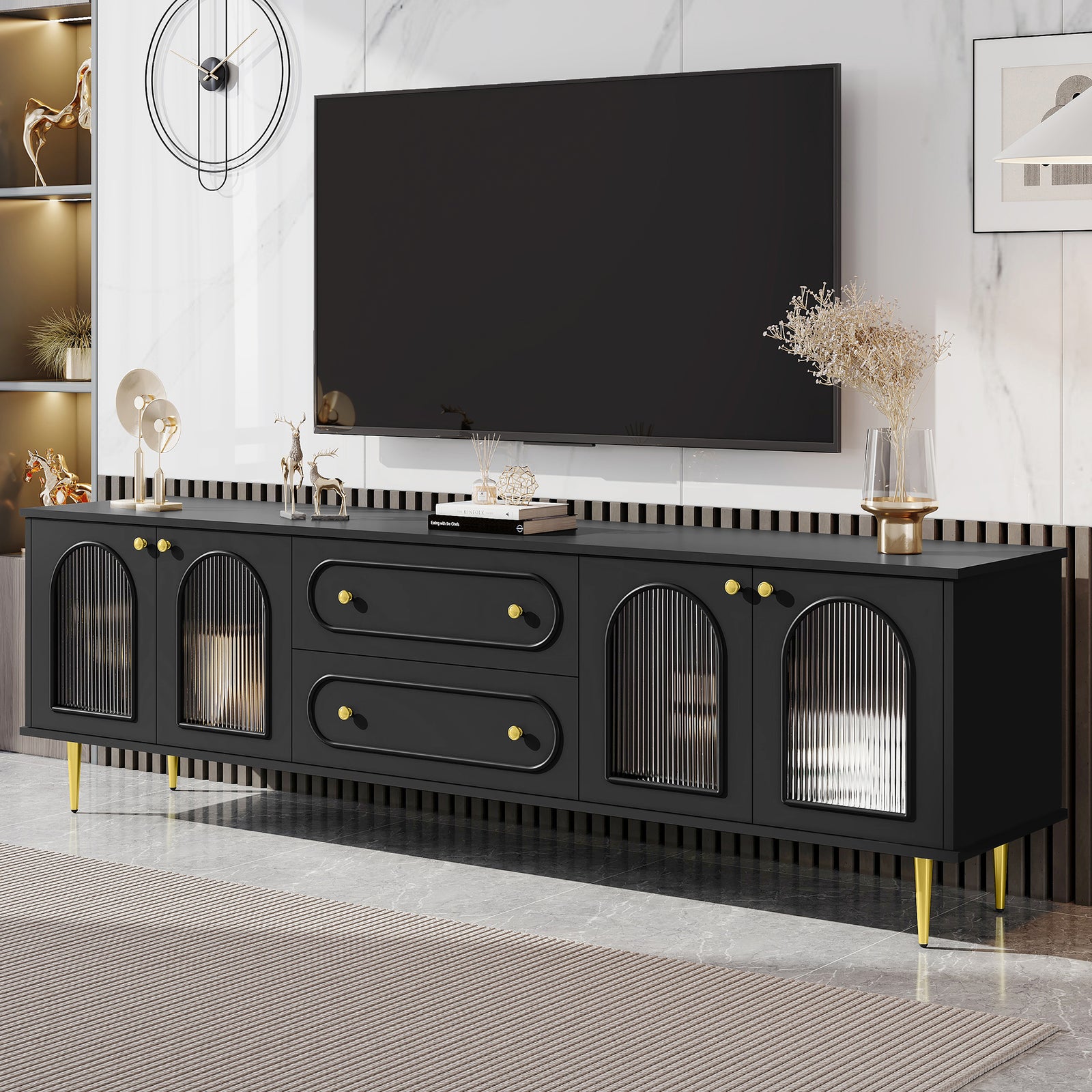 Nøordka Light TV Stand Default 80" Black Mid Century Modern TV Stand with Fluted Glass & Metal Accents for TVs up to 80"