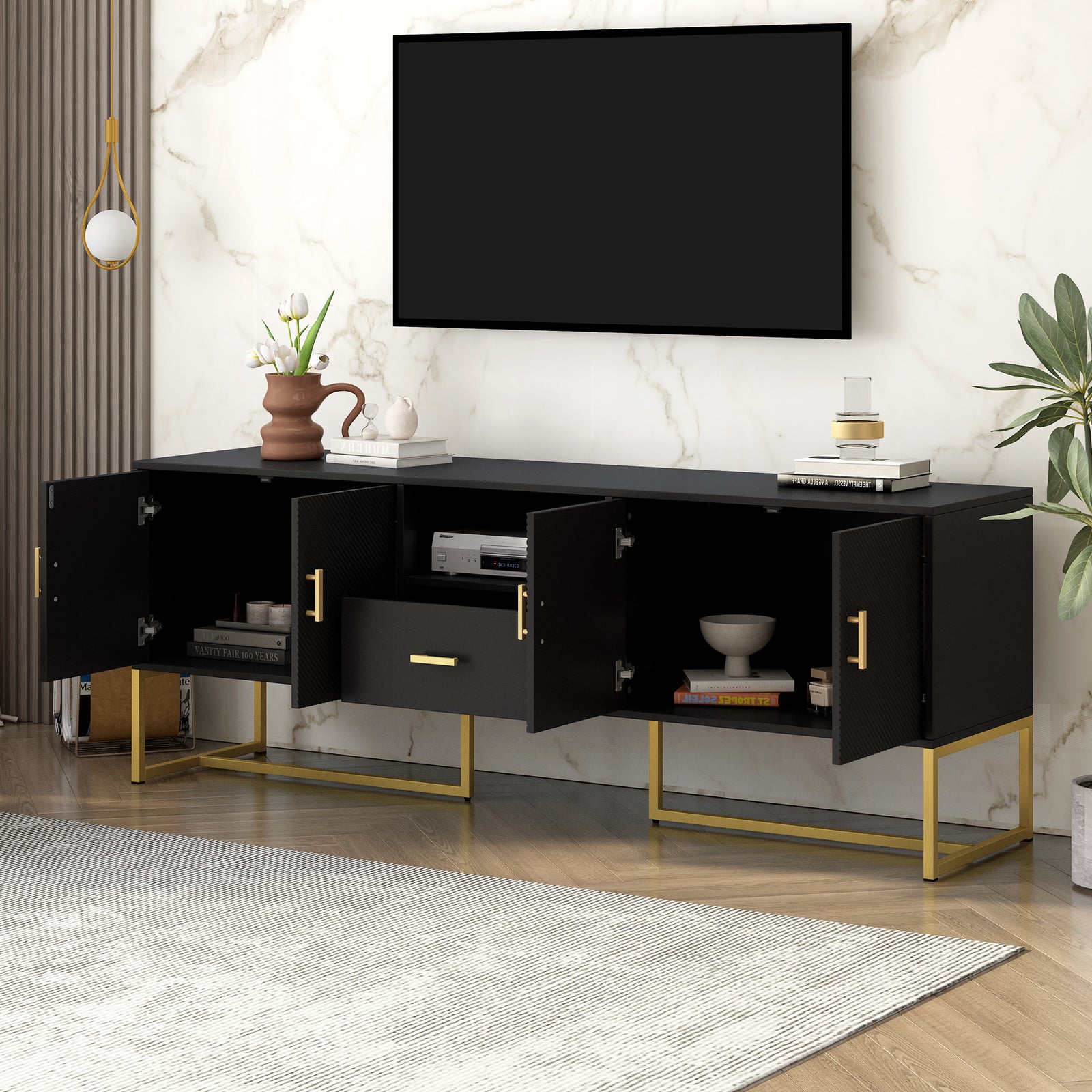 Nøordka Light TV Stand Default Black Mid Century Modern TV Stand & Entertainment Center for TVs Up to 70" with Gold Accents