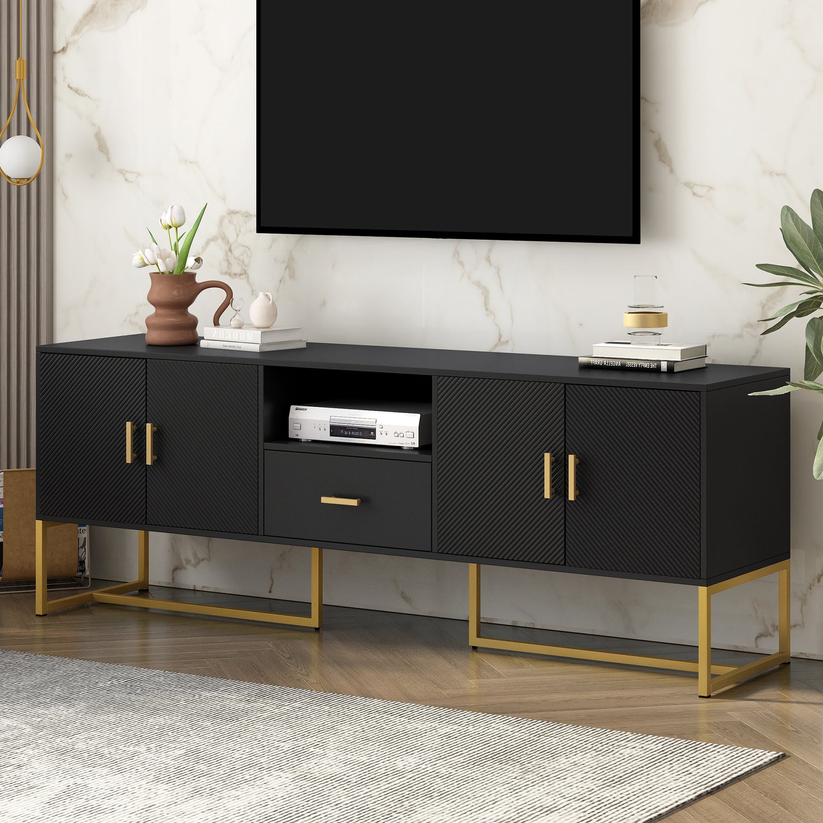 Nøordka Light TV Stand Default Black Mid Century Modern TV Stand & Entertainment Center for TVs Up to 70" with Gold Accents