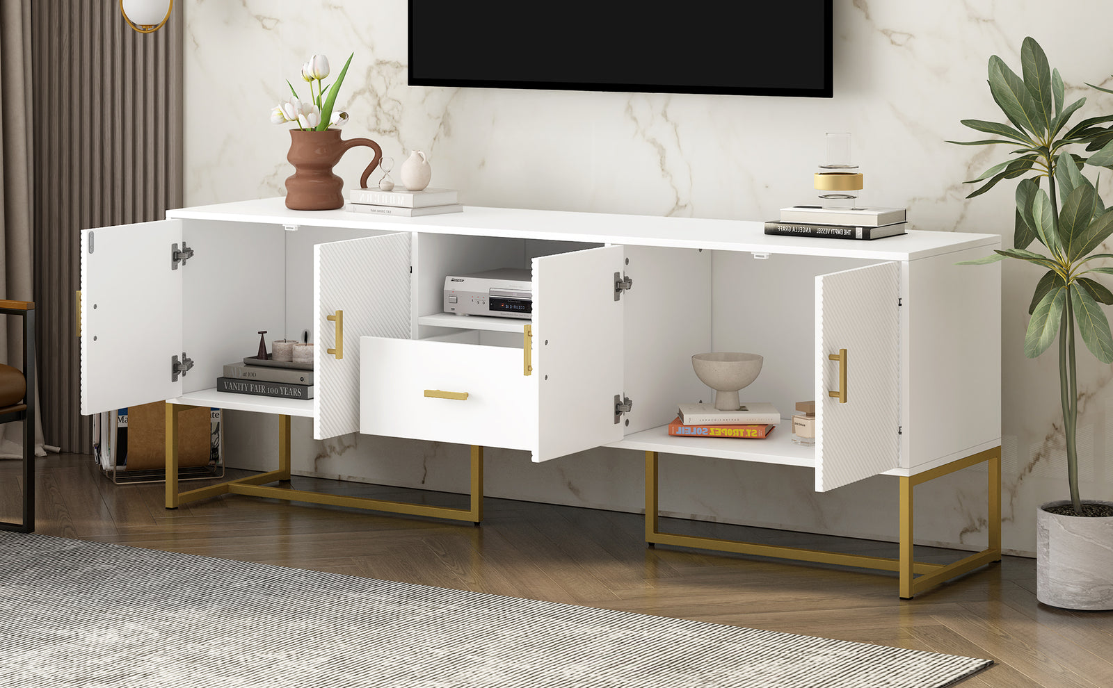 Nøordka Light TV Stand Default White Mid Century Modern TV Stand for TVs Up to 70" with Metal Base