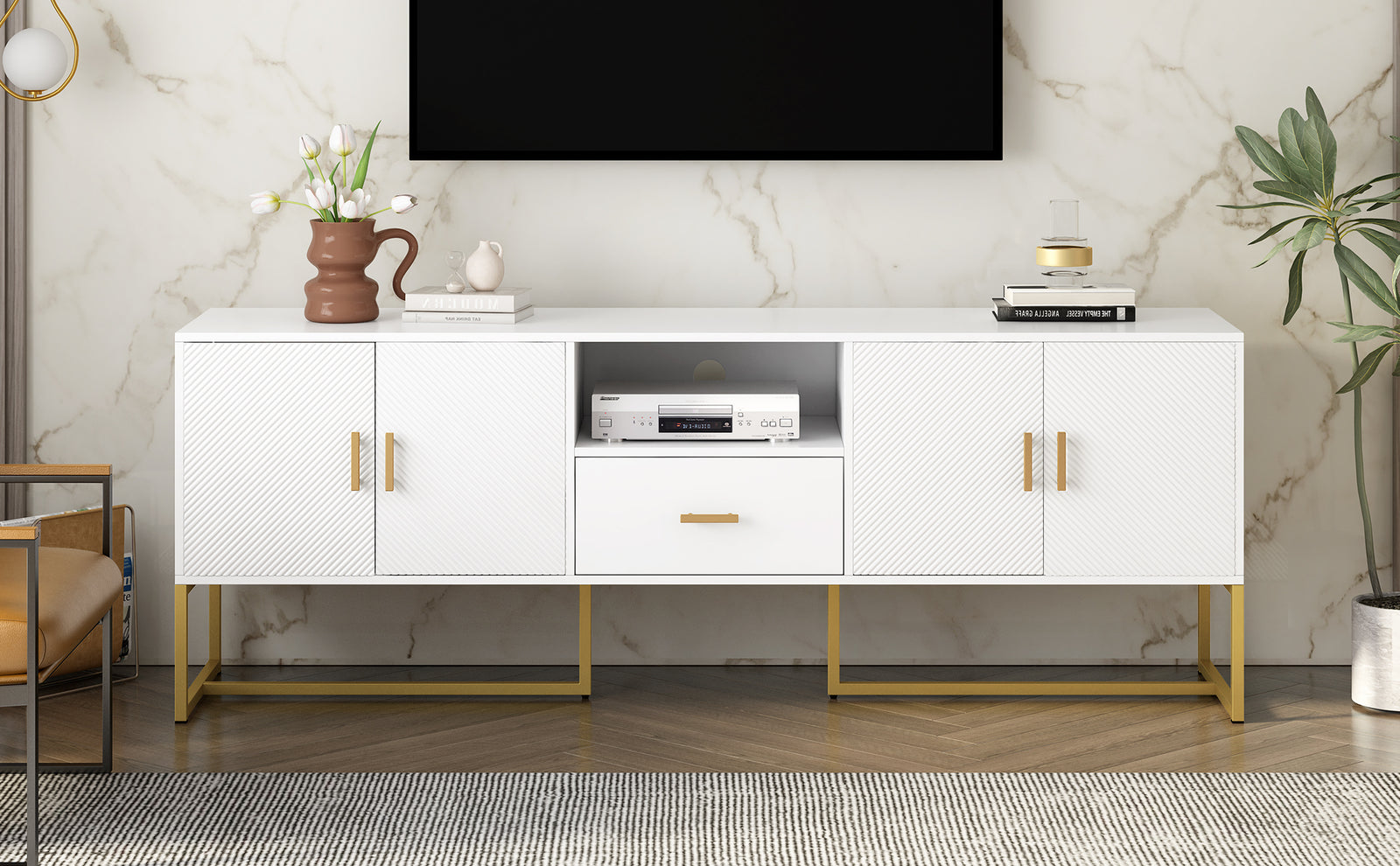 Nøordka Light TV Stand Default White Mid Century Modern TV Stand for TVs Up to 70" with Metal Base